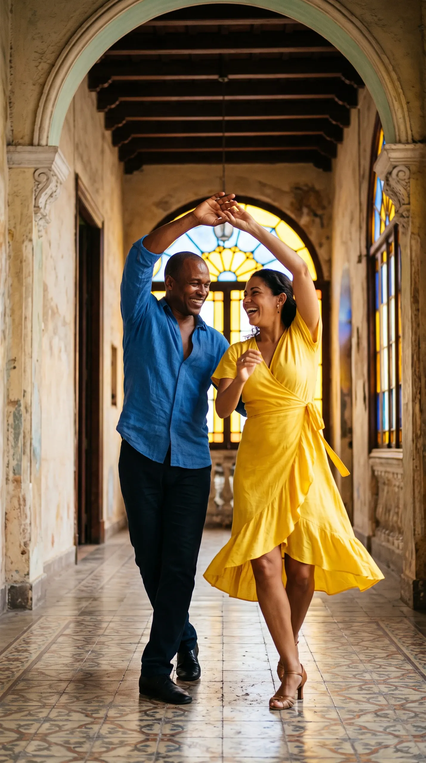 A smiling man in a blue button-down shirt and dark trousers dances hand-in-hand with an ecstatic woman wearing a bright yellow ruffled wrap midi dress and heeled sandals. They laugh together under tall neoclassical arches in a historic sunlit corridor with patterned floor tiles and stained-glass fanlights.