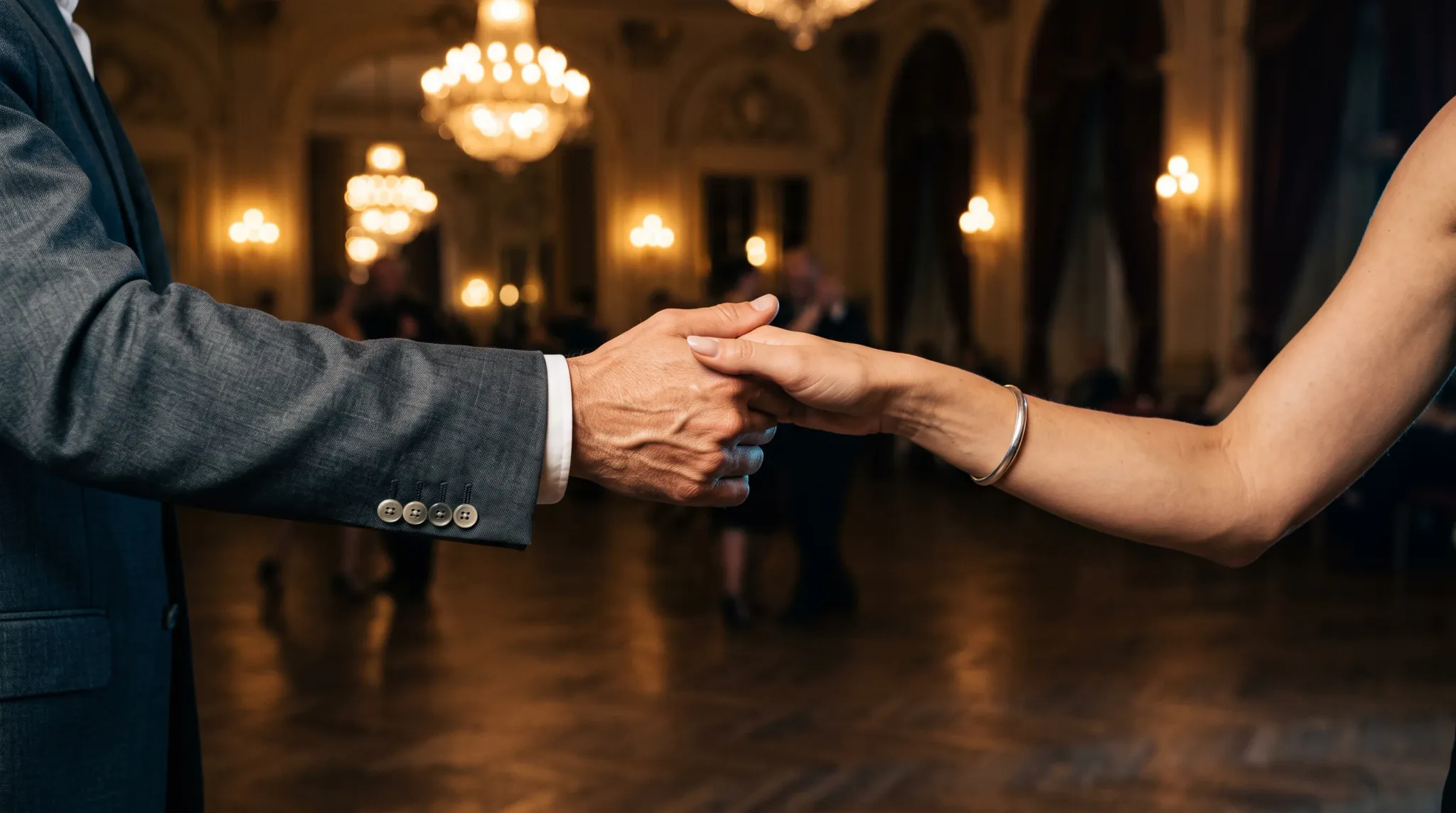 A tight close-up view focuses on the hands and lower arms of a couple holding hands, appearing to dance in an elegant ballroom setting. The person on the left wears a dark gray suit jacket with a white shirt cuff peeking out, holding the hand of the person on the right, whose bare arm is adorned with a simple silver-colored metal bracelet. The low-light, warm atmosphere is illuminated by large, glowing chandeliers in the softly blurred background, where the silhouettes of other dancers can be seen on the polished wooden floor.