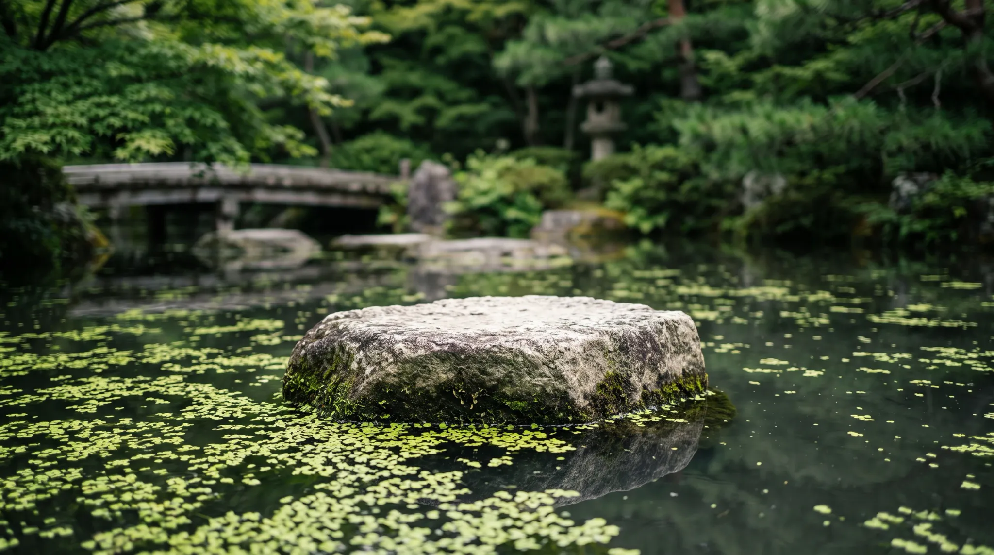 A flat-topped stone boulder rests prominently in the calm waters of a Japanese garden pond, surrounded by floating green duckweed. In the softly blurred background, an arched wooden bridge spans across the water near stepping stones, a traditional stone lantern, and lush green trees under soft, diffuse lighting.