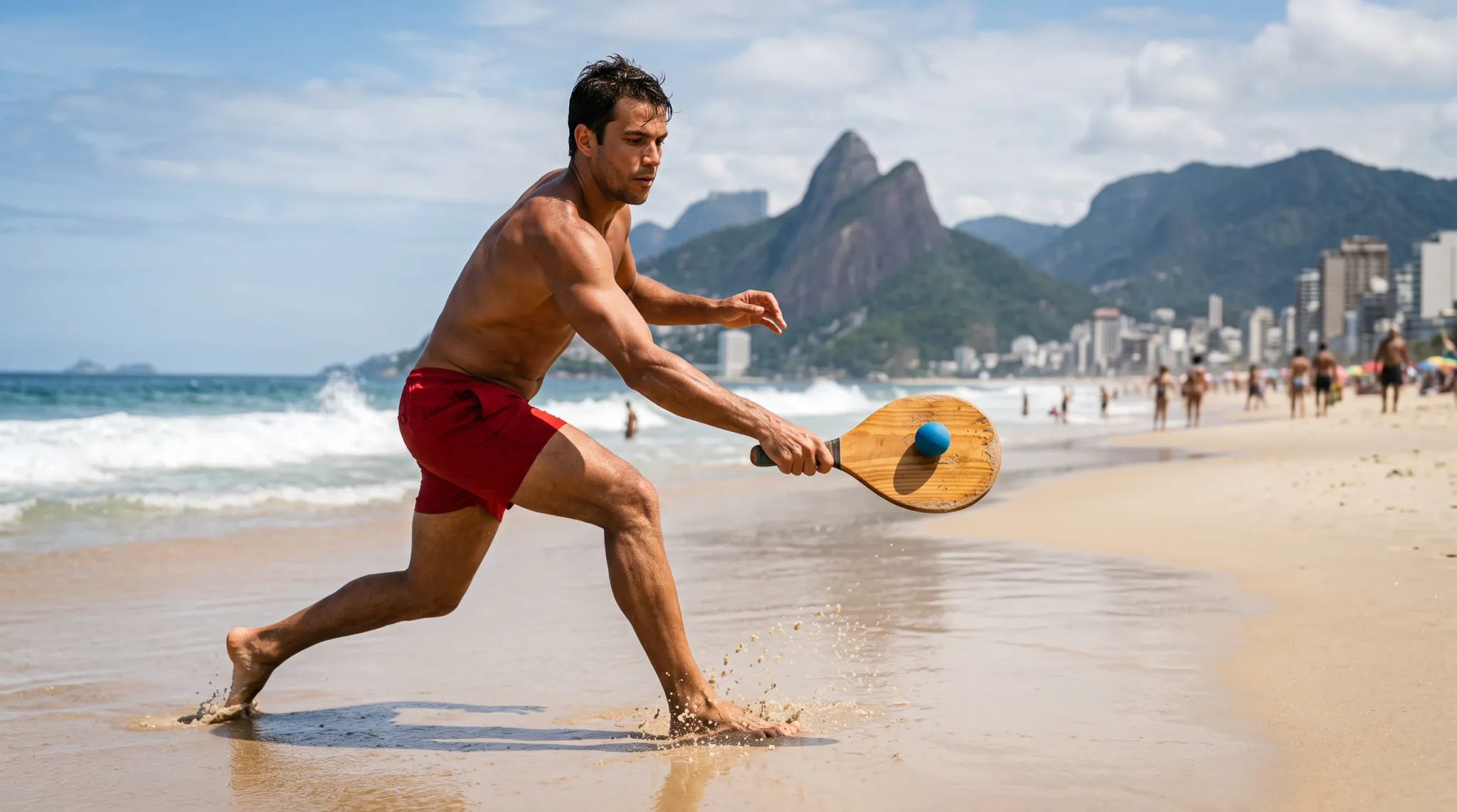 A shirtless adult man in red shorts lunges through shallow surf on a sandy beach while holding a wooden paddle with a blue ball against it. Waves, coastal mountains, city buildings, and numerous beachgoers fill the background under a bright partly cloudy sky.