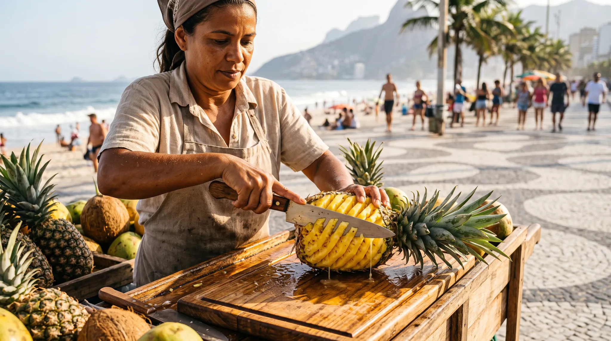 A woman stands outdoors at a wooden fruit cart along a sunny beachside promenade, carving spiral grooves into a fresh, peeled pineapple with a large kitchen knife on a wooden cutting board. Additional whole pineapples and coconuts rest on the cart. In the blurred background, beachgoers stroll along a distinctive mosaic-tiled boardwalk beside the ocean and distant coastal mountains under bright daylight.