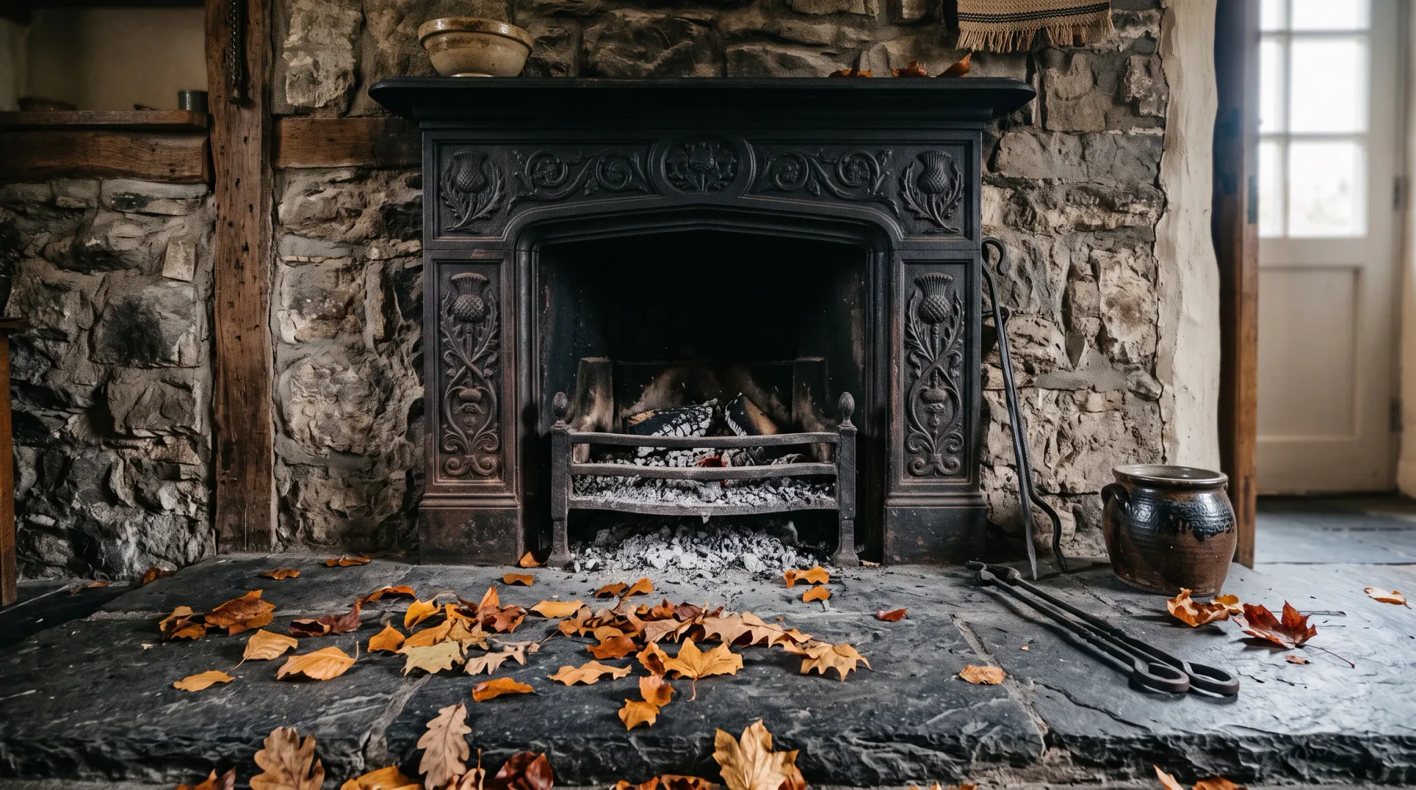 An antique ornate cast iron fireplace set into a rustic stone wall, featuring thistle relief carvings, a grate filled with ashes, and dry autumn leaves scattered across the slate hearth floor.