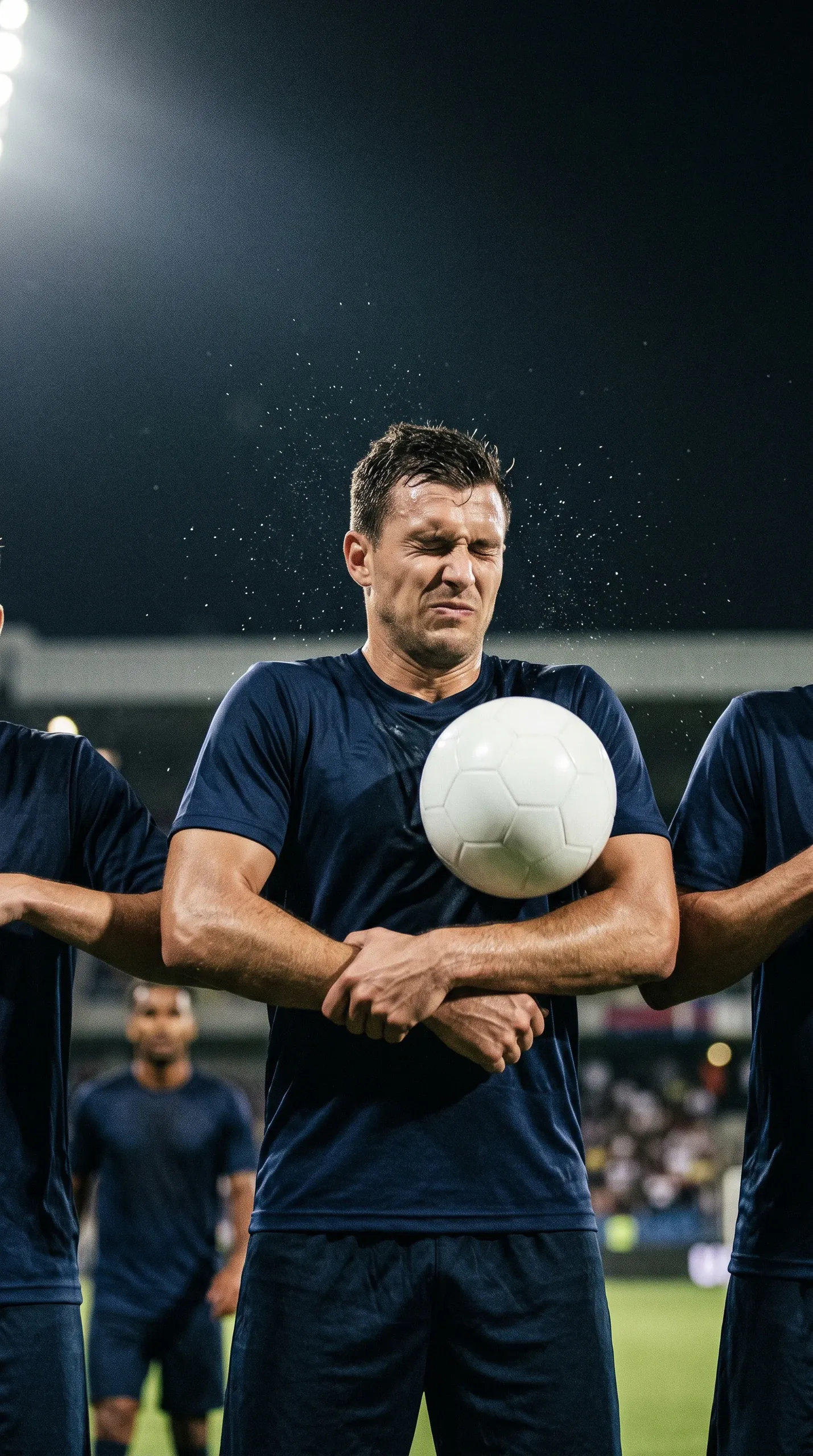 A male soccer player in a dark blue kit braces as a white soccer ball strikes his chest while standing in a defensive wall during a night match, sending water droplets flying into the air as he grimaces with closed eyes.