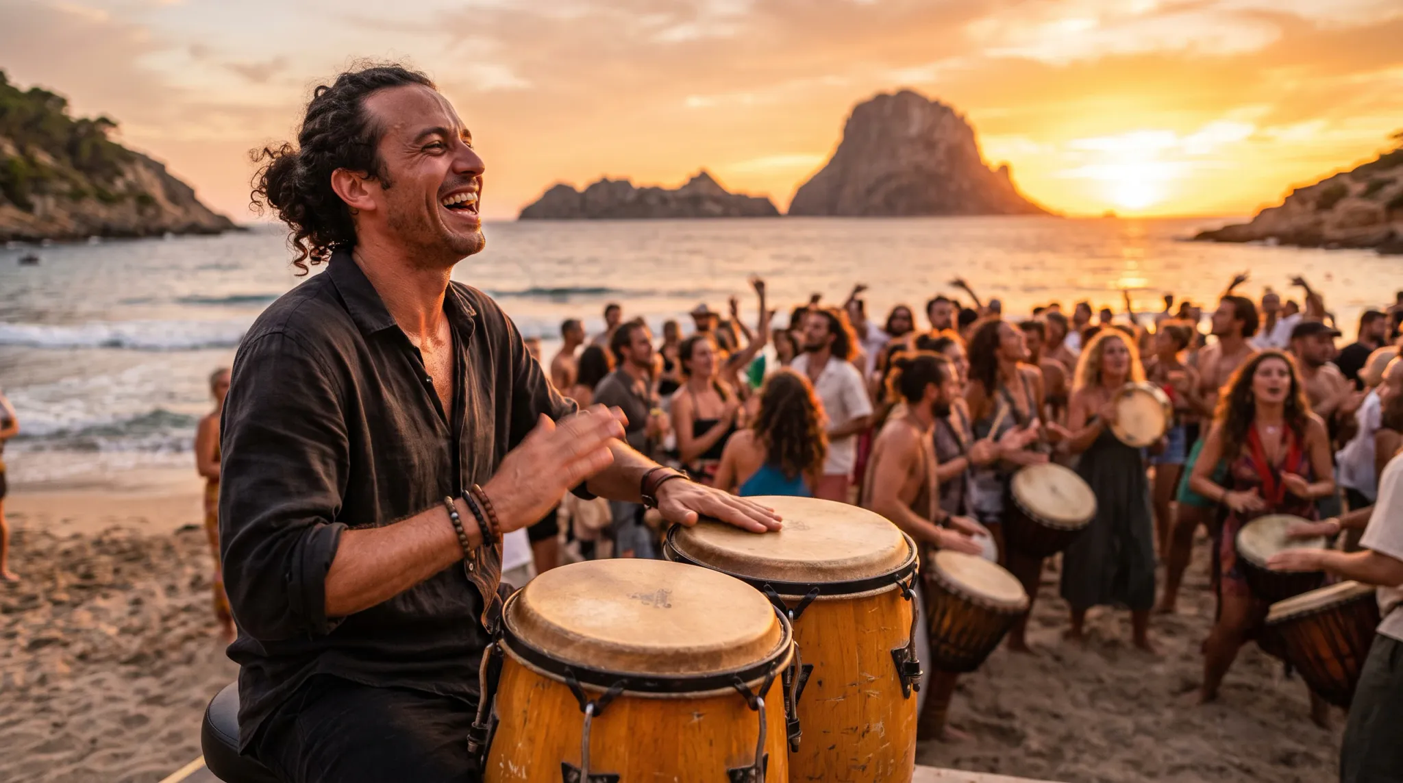A laughing man with curly dark hair tied back plays two orange-brown hand drums in the foreground while a large crowd dances, claps, and plays drums on a sandy beach. Waves, rocky sea stacks, and a glowing sunset fill the background.