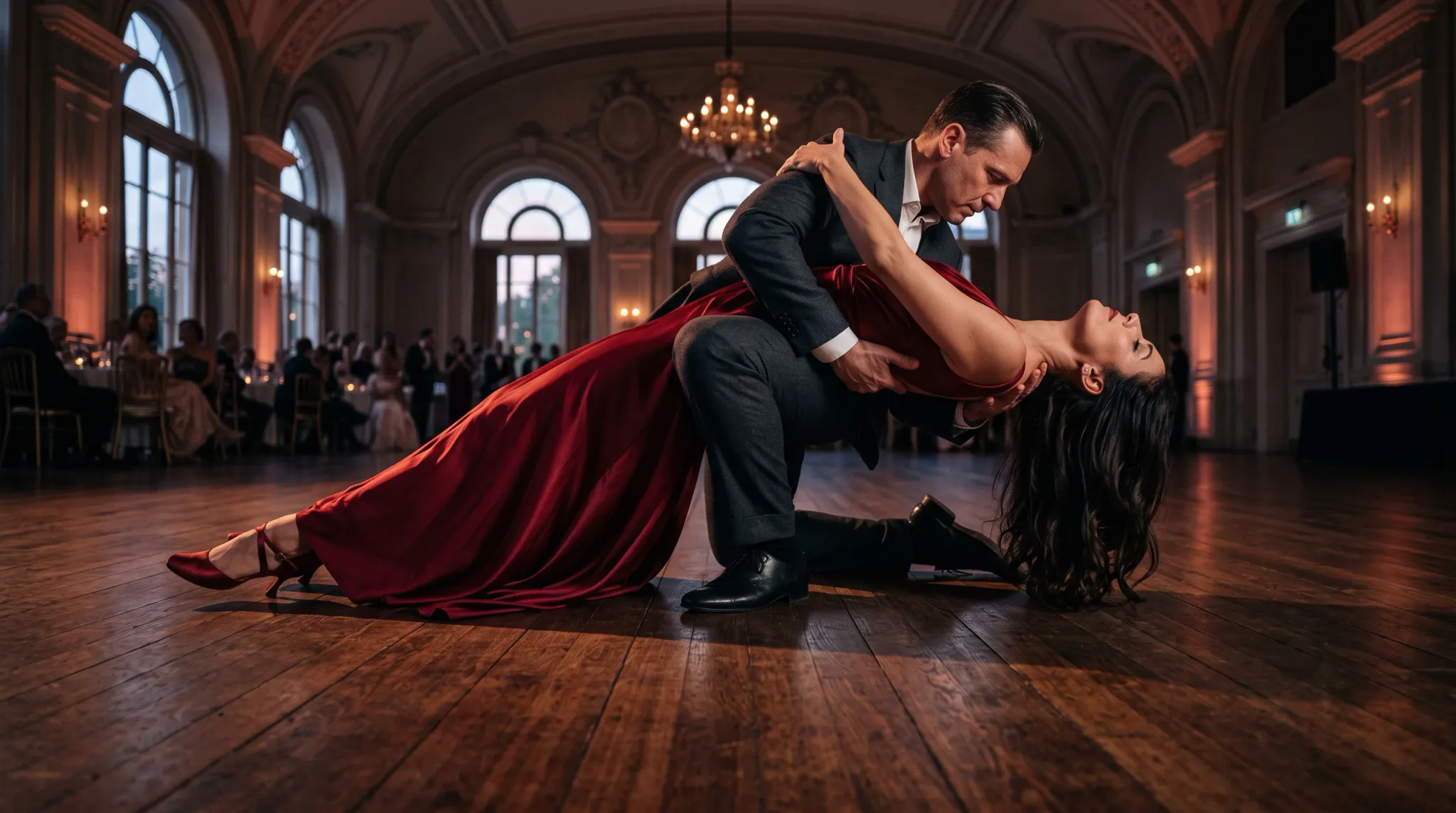 A man in a dark suit supports a woman in a flowing red floor-length dress during a low ballroom dance dip on a polished wooden floor. They are touching and facing one another in an ornate ballroom with arched windows, chandeliers, wall lamps, and a blurred audience in the background.
