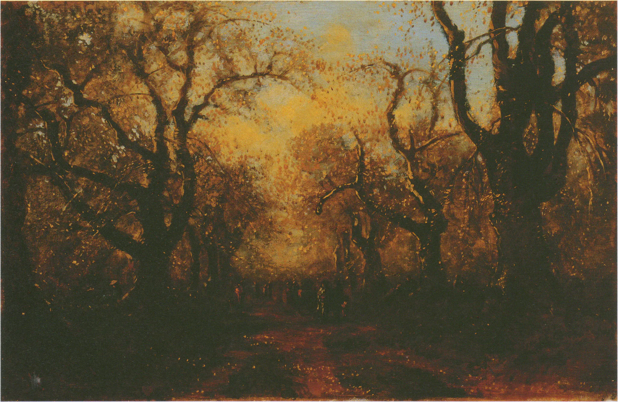 A richly textured painterly forest scene in warm autumn colors, with tall dark tree trunks framing dense orange, gold, brown, and green foliage. A dim reddish-brown path or clearing recedes through the center beneath a softly lit canopy.