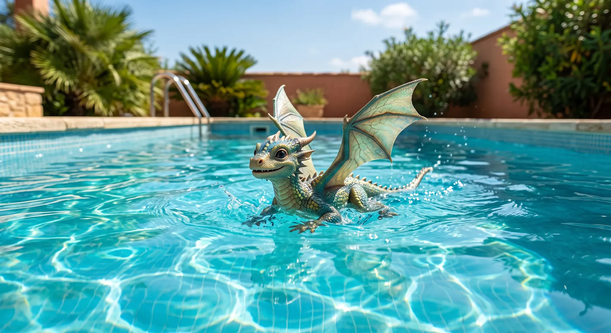 A whimsical, digital fantasy rendering of an adorable baby dragon with green and teal scales, small head horns, and translucent bat-like wings swimming in a sunlit turquoise outdoor pool.
