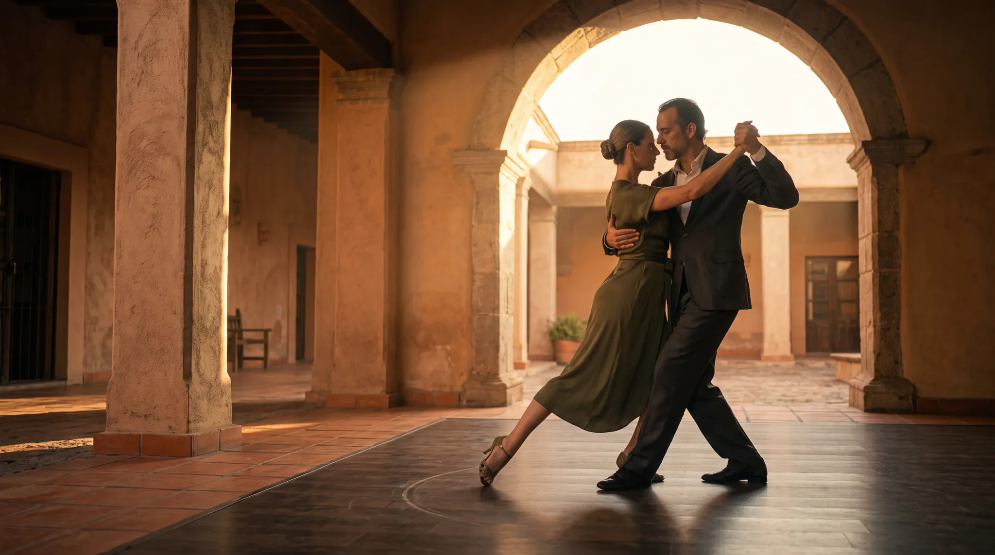Two adults perform a close partner dance in a warm, sunlit historic courtyard with stucco columns, stone arches, tiled flooring, and a potted plant. The woman wears a flowing olive-green dress and brown heeled sandals; the man wears a dark suit with a white shirt and black dress shoes. They face each other while holding hands in a poised, intimate dance position.