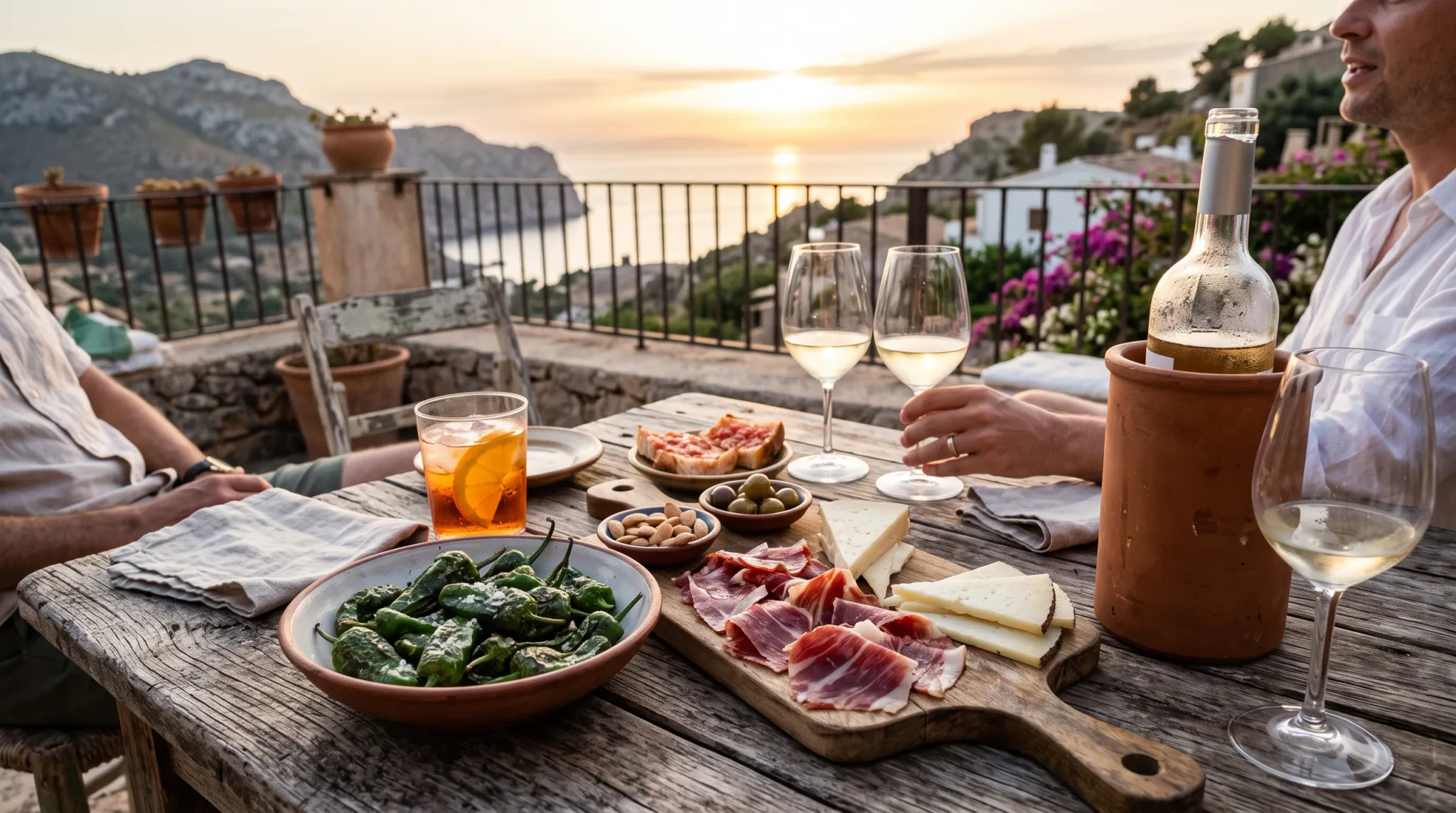 Two men dine al fresco on a rustic stone terrace at sunset overlooking a scenic Mediterranean coastal bay. The weathered wooden table is laden with tapas, including jamón ibérico, sliced cheese, blistered padrón peppers, marcona almonds, olives, pan con tomate, alongside glasses of white wine, a spritz cocktail with an orange slice, and a chilled white wine bottle in a terracotta cooler.