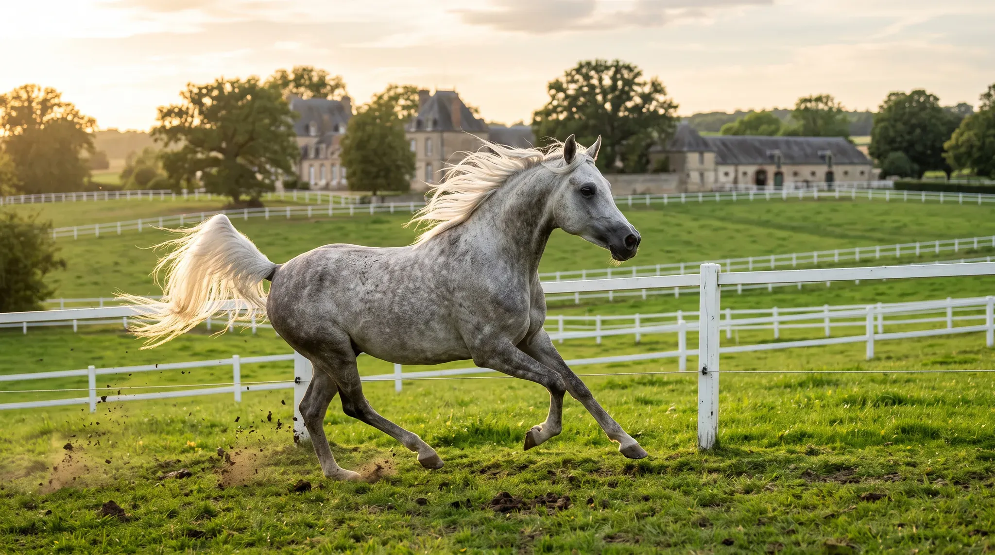 An adult dapple grey Arabian-type horse gallops energetically across an expansive green grass paddock, kicking up bits of turf in front of white fences and a distant country estate under soft golden sunlight.