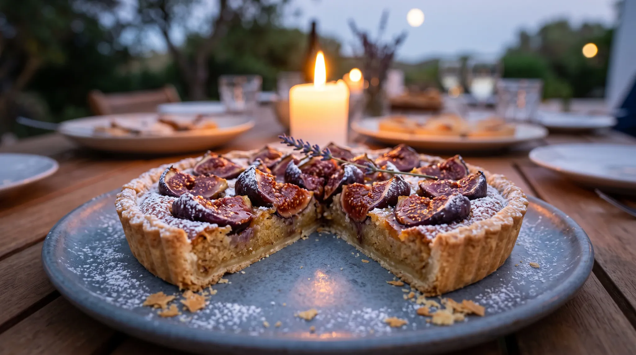 A freshly baked round fig tart dusted with powdered sugar sits on a rustic ceramic platter on a wooden dining table outdoors at dusk. Slices have been removed to reveal the filling, and fresh purple figs and a lavender sprig garnish the top. A warm lit pillar candle glows directly behind the tart, illuminating the evening alfresco dining scene with soft light against a blurred natural background.
