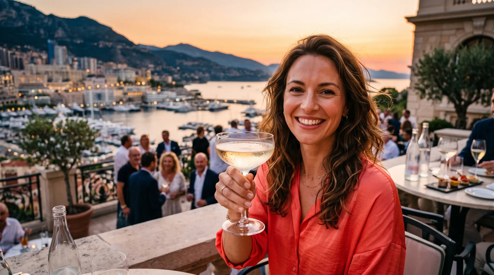 A smiling woman in a vivid coral-red blouse raises a sparkling wine coupe toward the camera at an elegant outdoor terrace. A marina, mountainous coastline, boats, stone architecture, dining tables, and a mingling background crowd appear in the warm sunset light.
