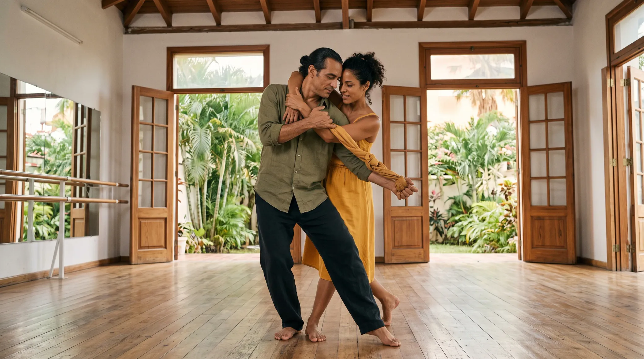 A man and a woman dance closely together barefoot on a polished wooden floor inside a bright, airy studio with large open wooden French doors overlooking lush tropical garden foliage.