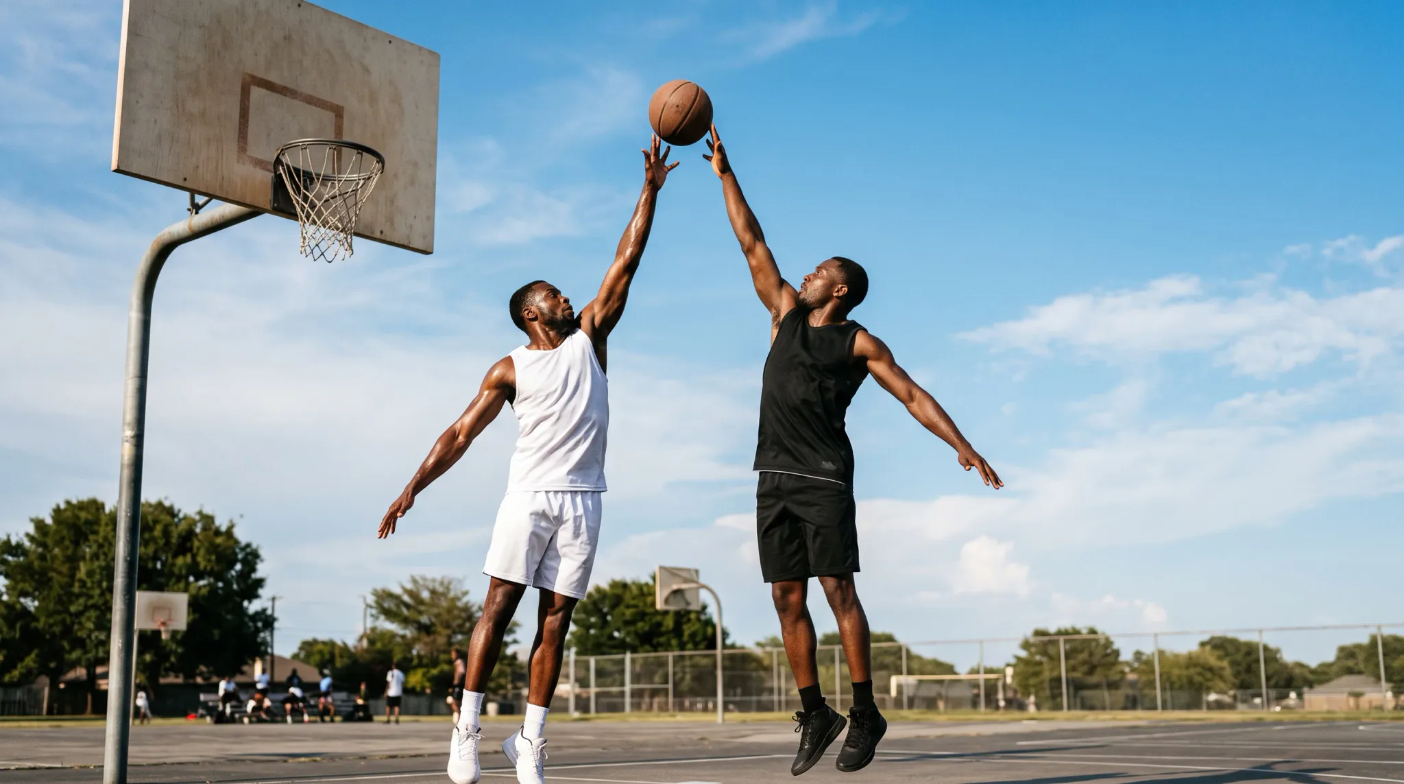 Two adult male-presenting basketball players jump beneath an outdoor hoop as one reaches toward a basketball and the other contests the play. One wears a white sleeveless tank top, white shorts, white socks, and white sneakers; the other wears a black sleeveless tank top, black shorts, black socks, and black sneakers. The scene is a sunlit outdoor basketball court with blue sky, scattered clouds, trees, fencing, and distant people.