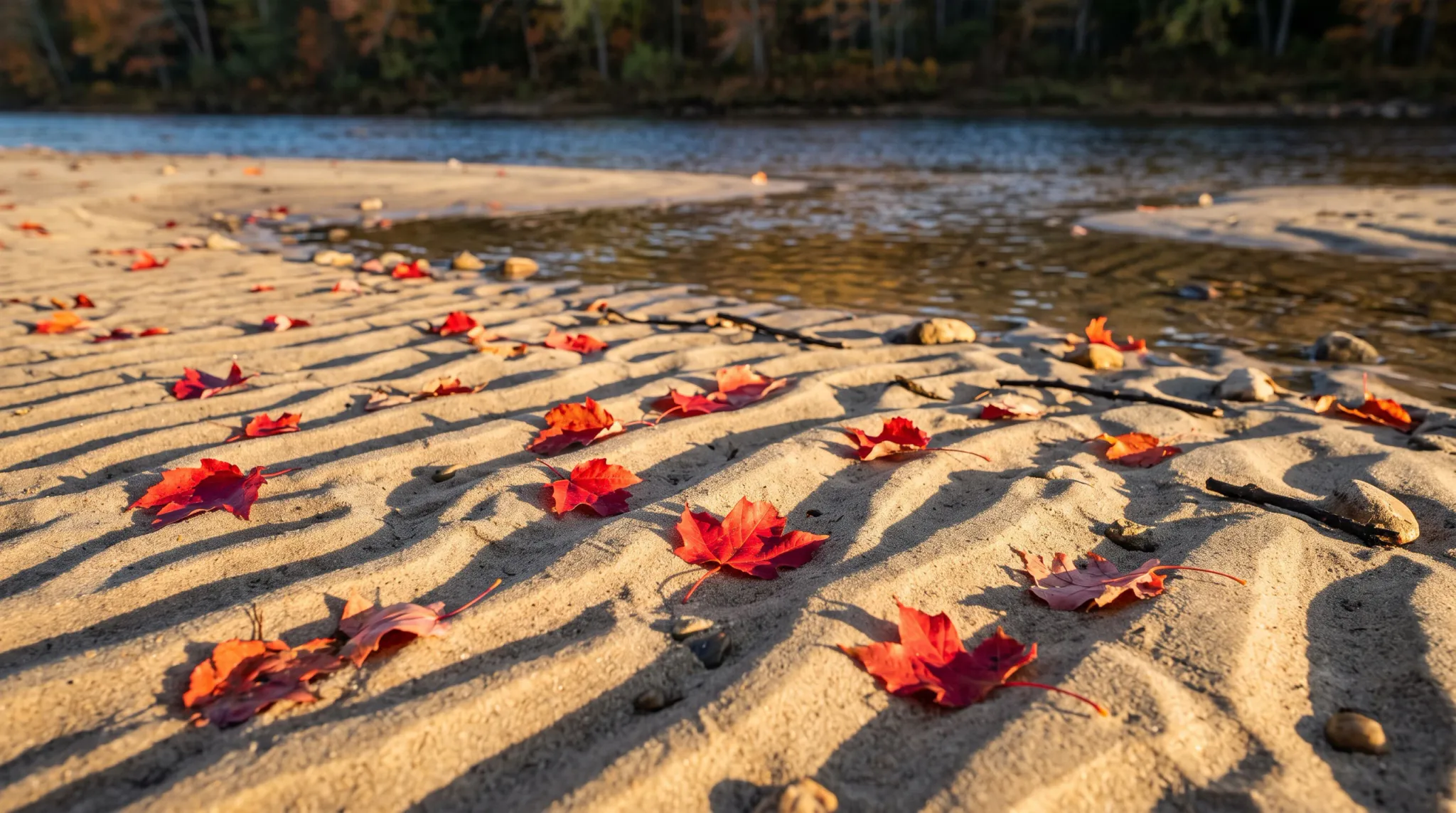 A low-angle close-up photograph captures vibrant red and orange fallen maple leaves resting on rippled golden sand along a riverbank. Warm, low-angled sunlight illuminates the undulating sand ridges, casting distinct linear shadows across the sandbar. In the background, calm river water flows past a shoreline bordered by dense autumn trees displaying fall foliage under clear skies.