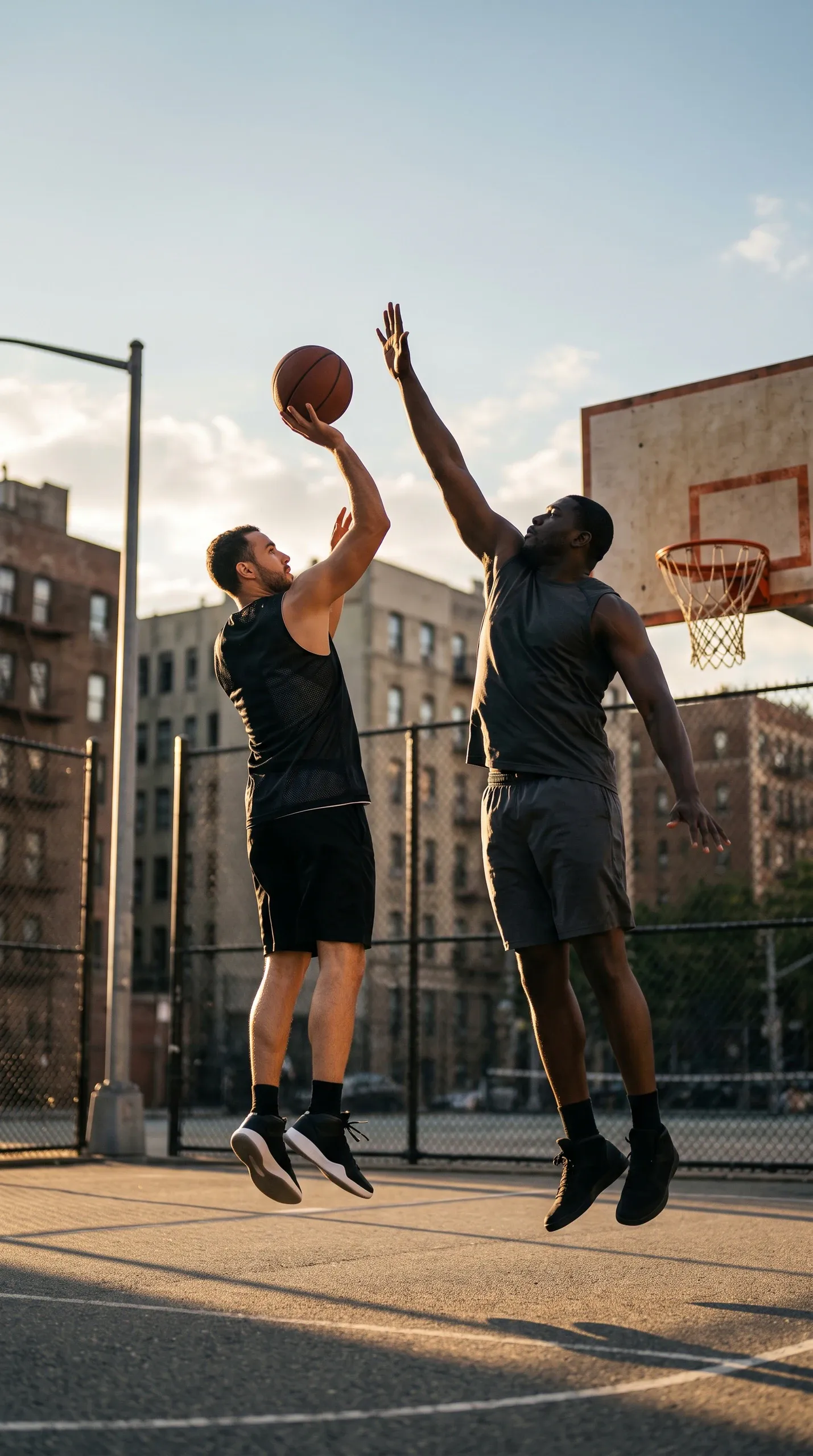 Two adult male-presenting basketball players are airborne on an urban outdoor court. The player on the left is taking a jump shot with a brown basketball while the player on the right contests with one arm raised. Both wear sleeveless black tops, shorts, and black sneakers; a basketball hoop, chain-link fence, apartment buildings, and a partly cloudy sky appear behind them in warm sunlight.