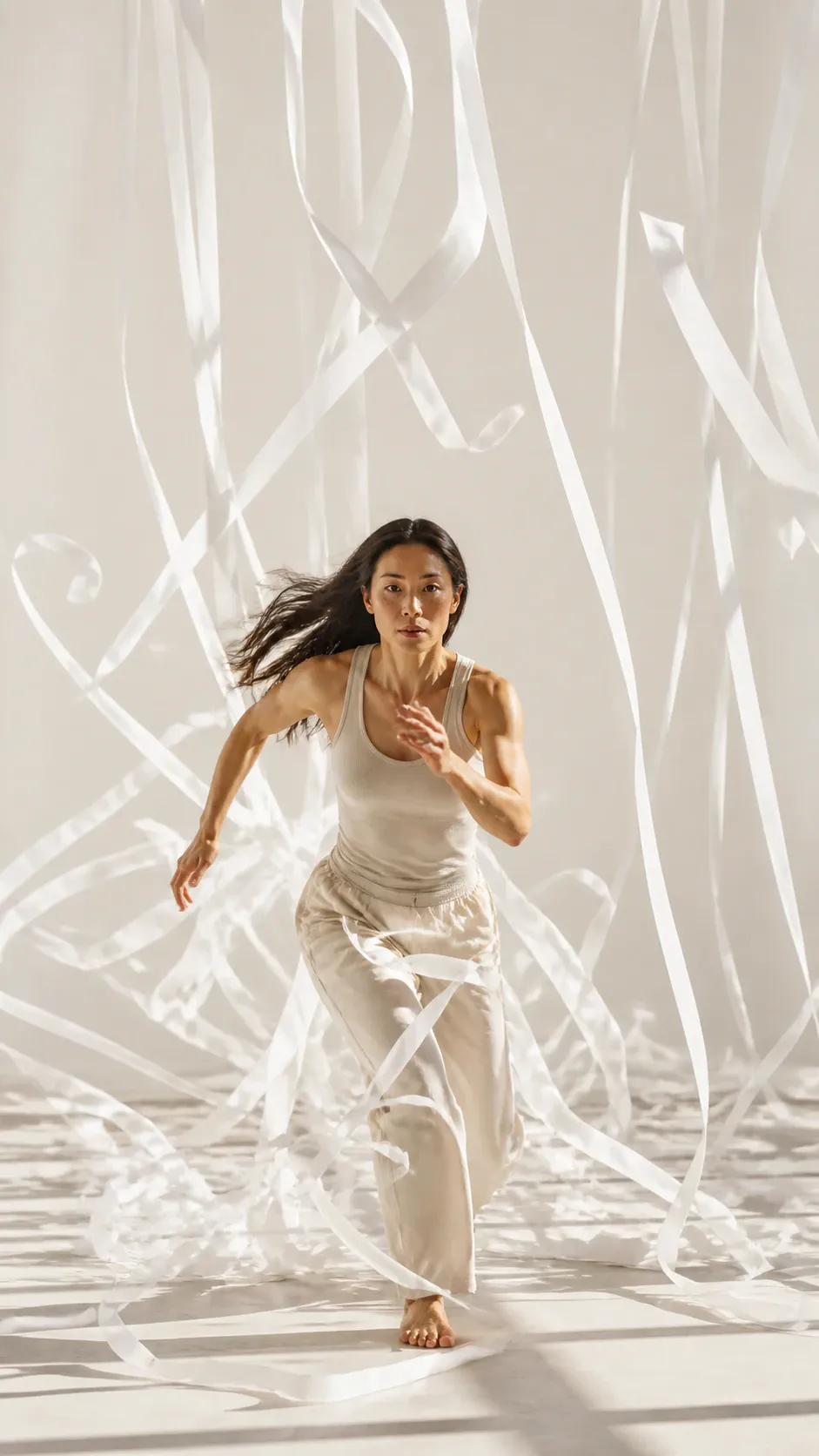 A dynamic full-body shot of an athletic woman running forward through cascading white streamers or ribbons suspended in a sunlit studio space. She wears a beige sleeveless tank top and loose beige trousers, barefoot on the floor.