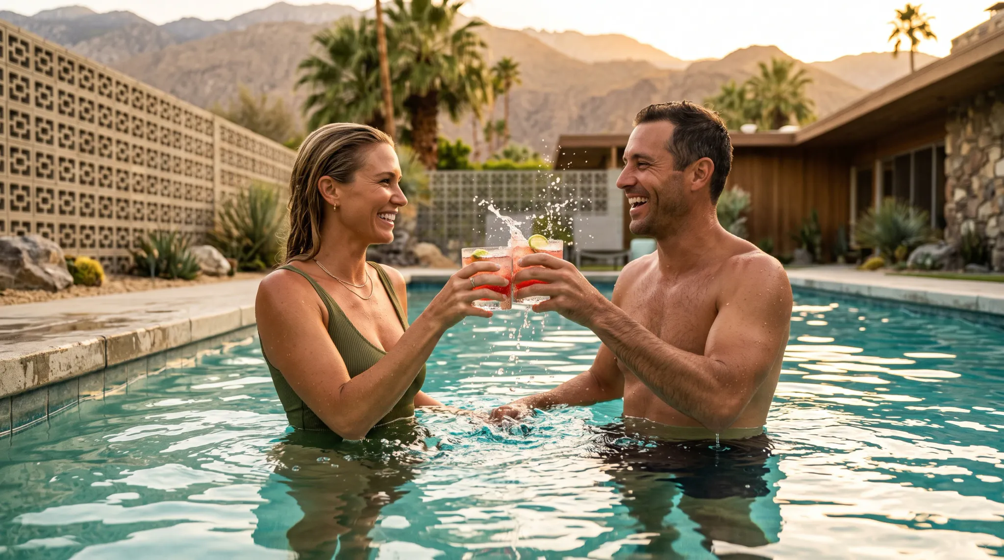 A smiling woman in a green one-piece swimsuit and a shirtless man in dark swim trunks stand chest-deep in a swimming pool, laughing and clinking pink cocktails. Water splashes between their raised glasses. Palm trees, desert mountains, a patterned garden wall, and a mid-century-style house appear in warm sunset light.