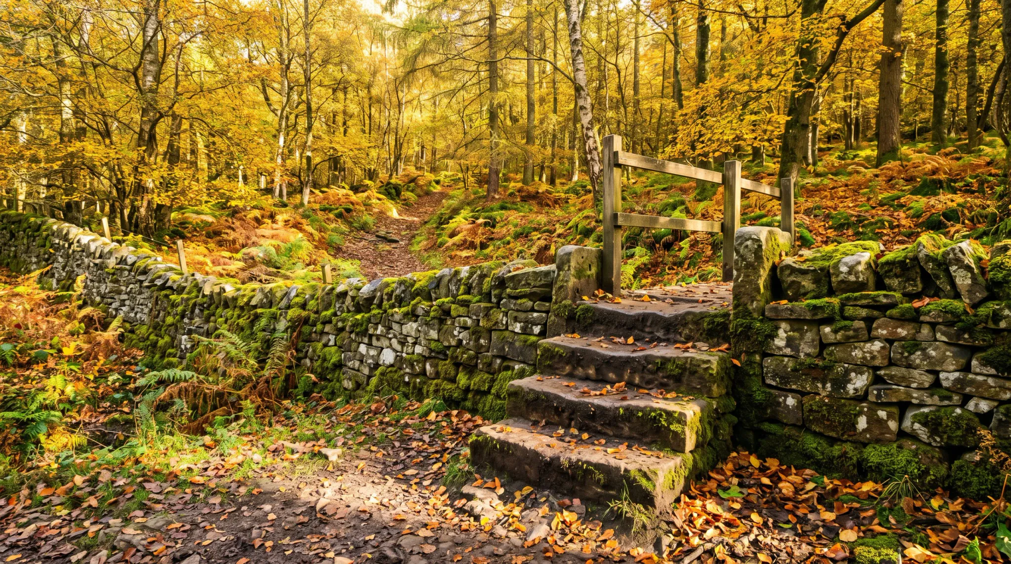 A picturesque woodland scene in full autumn colour shows a traditional dry-stone wall crossing the frame horizontally, with a stone step stile integrated into the wall at right-centre. A weathered wooden handrail with two upright posts is mounted beside the stone steps, guiding passage over the wall. The wall and steps are heavily colonised by bright green moss and lichen. Scattered orange and yellow fallen leaves cover the ground on both sides. A narrow earthen footpath leads through a gap in the wall into the woodland beyond. The forest is dense with deciduous trees — notably birch with pale trunks — all in vivid gold and amber autumn foliage. The ground beneath the trees is covered with ferns, mossy boulders, and leaf litter. Soft, diffuse sunlight filters through the tree canopy, giving the scene a warm golden atmosphere with no harsh shadows. No people are present.