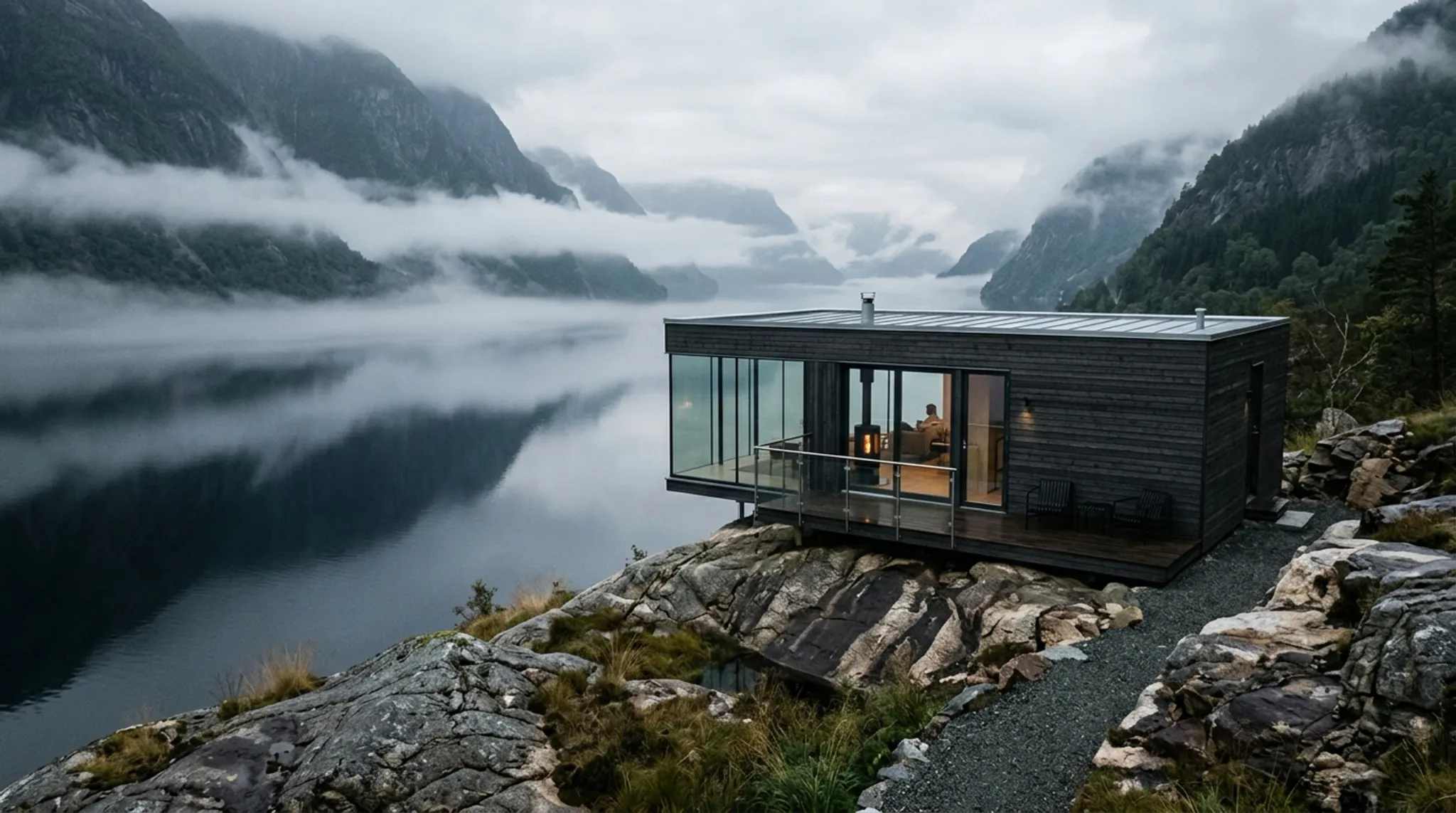 A modern minimalist dark-wood and glass cabin sits on a rocky cliff overlooking a serene fjord surrounded by foggy, steep mountains under an overcast sky. Warm interior light glows through large glass windows, showing a small fireplace and a person seated inside.