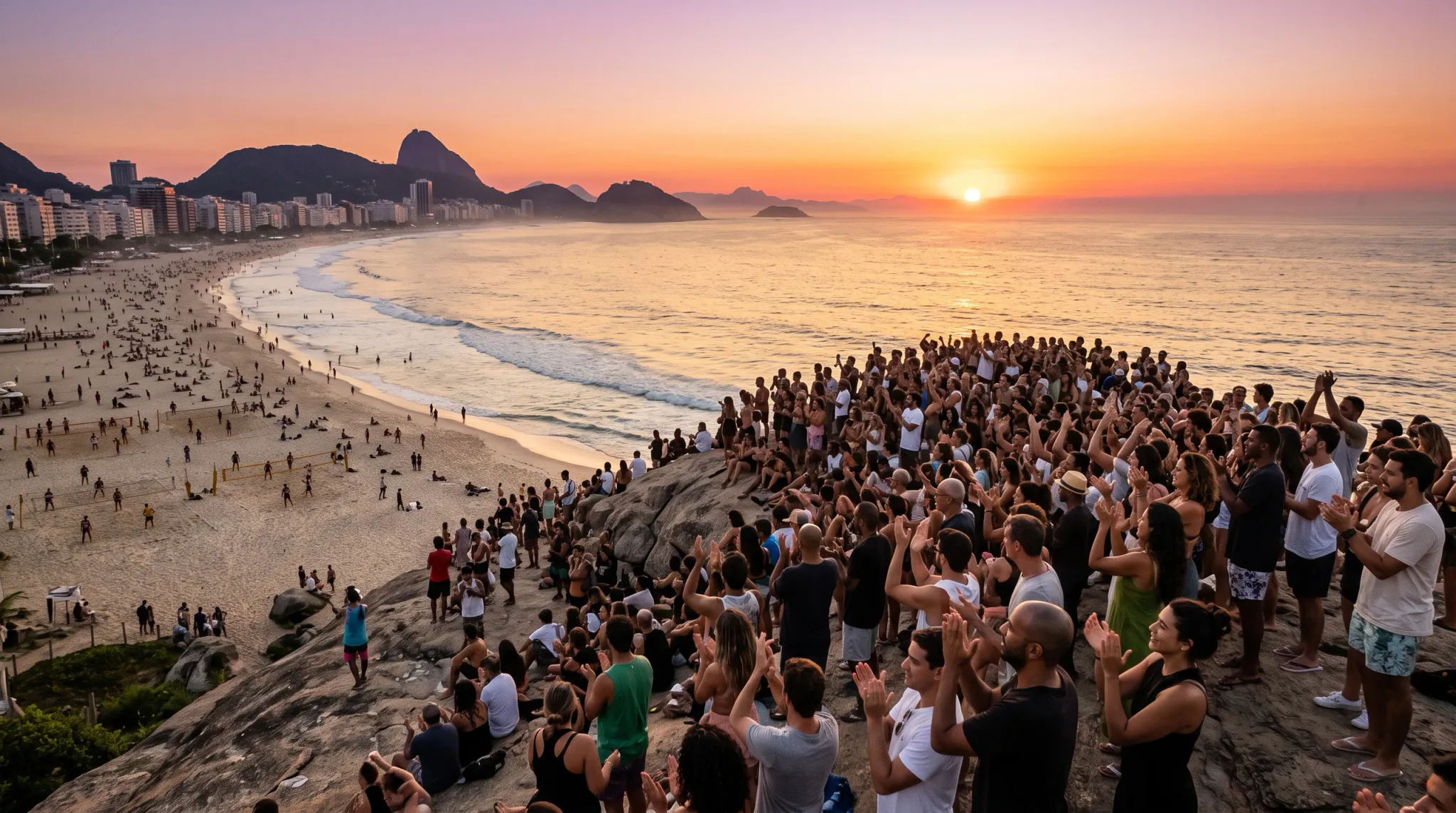 A large gathering of spectators sits and stands across a massive rocky promontory overlooking a wide sandy beach and ocean at sunset. Facing the glowing sun low on the horizon, numerous individuals clap and celebrate the evening view. In the background, calm ocean waves lap against the shoreline while distant coastal mountains and a line of tall urban buildings frame the scenic coastline under a warm twilight sky.
