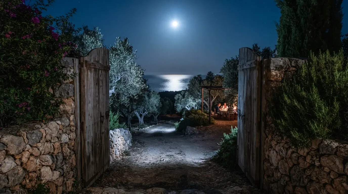 An open rustic wooden gate set within dry stone walls opens onto a dirt path through an olive grove at night, where a group of people is dining at a table under a pergola, with a bright full moon reflecting across the calm sea in the background.
