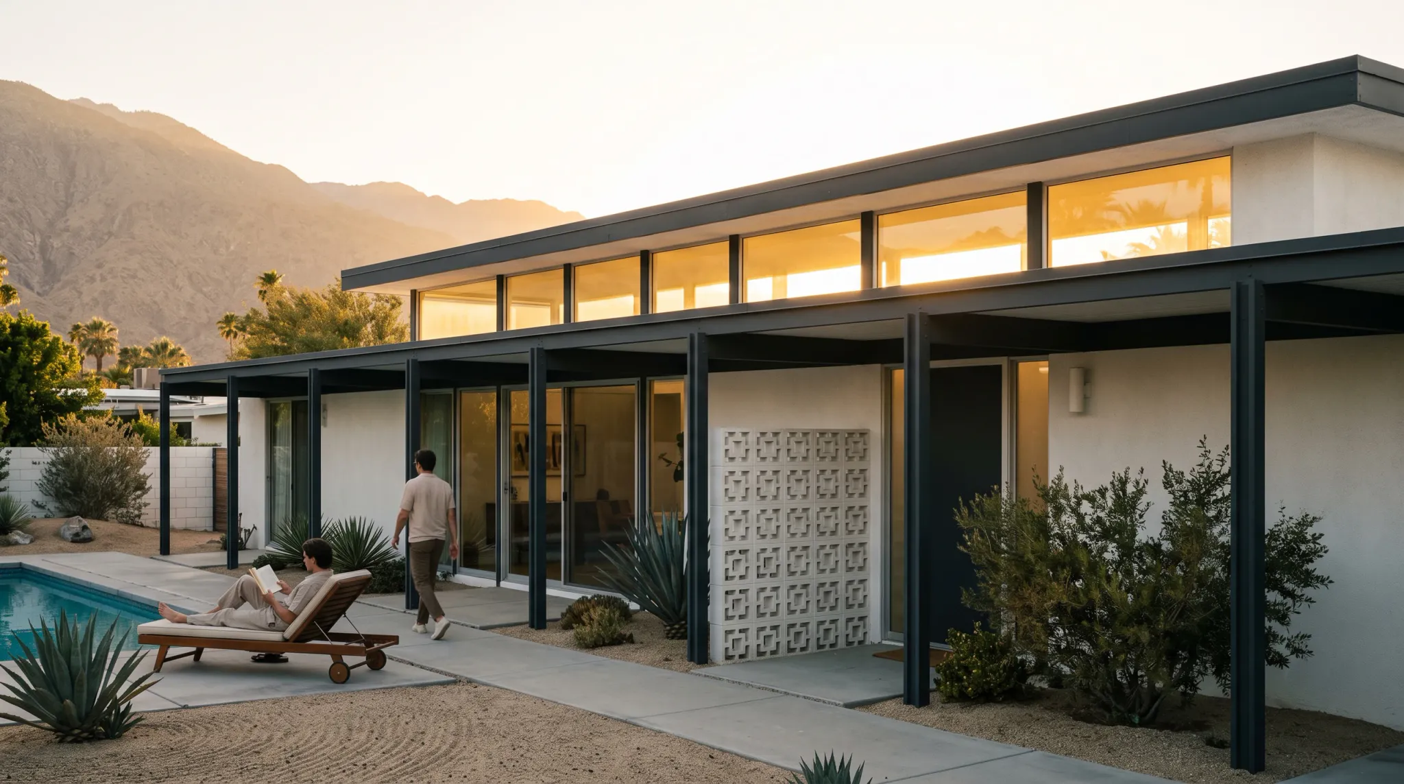 A mid-century modern single-story desert residence with clerestory windows, dark steel post-and-beam construction, and a decorative concrete breeze block wall bathed in warm afternoon sunlight. On the patio beside a turquoise swimming pool, one man reclines barefoot on a wooden sun lounger reading an open book, while another man in casual clothes walks along the concrete walkway toward the home against a backdrop of rugged desert mountains.