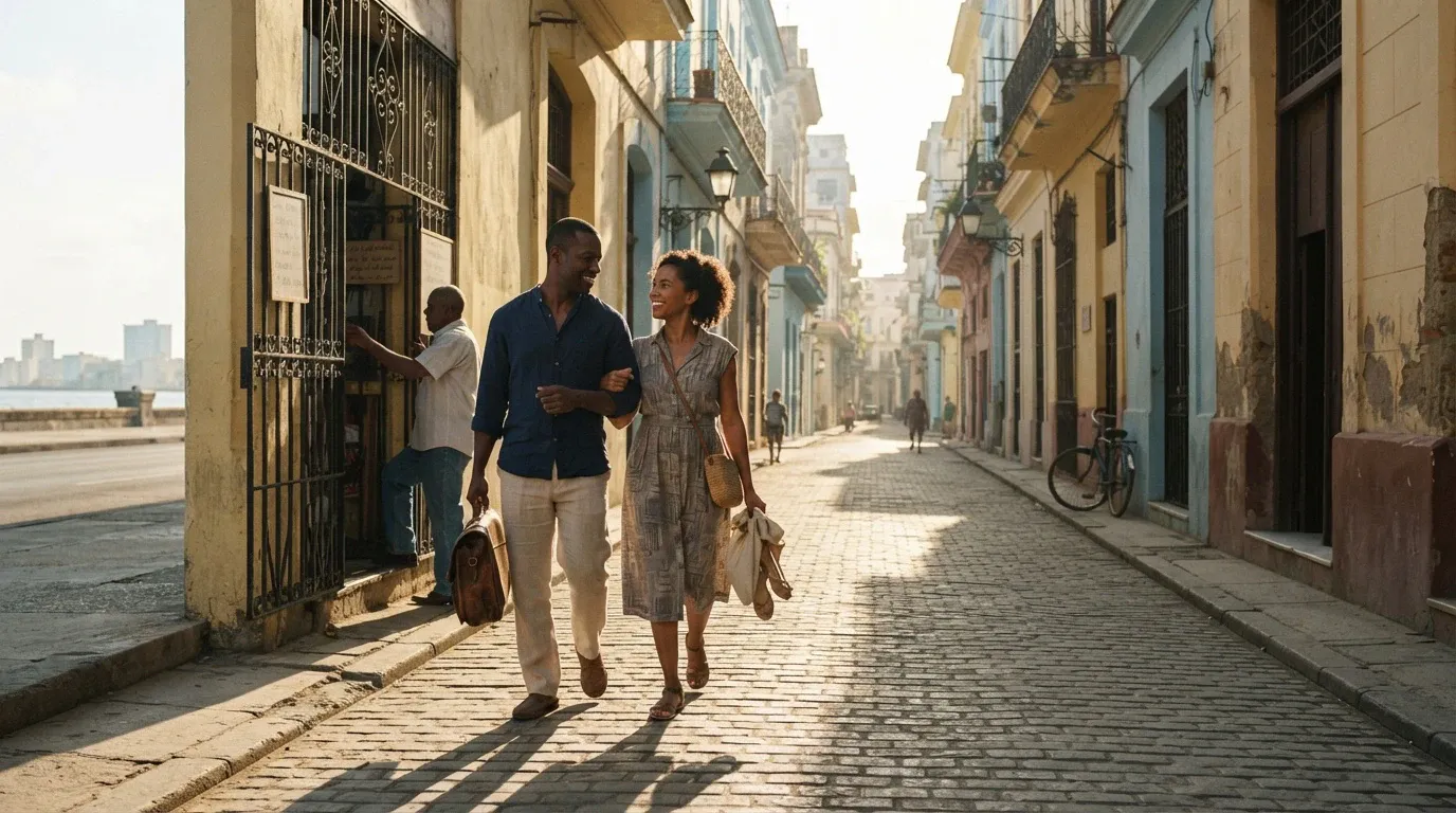 A couple walks arm in arm along a sunlit cobblestone street lined with colorful colonial-era buildings. The man wears a navy blue shirt and beige trousers while carrying a leather briefcase, and the woman wears a patterned midi dress with sandals and a crossbody bag. A man stands in a doorway to the left, and a bicycle is parked against a wall on the right with the sea visible in the far background.