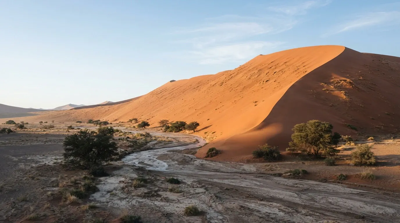 A sweeping wide view of a massive orange-red sand dune rising beside a dry, cracked riverbed winding through an arid desert valley. Scattered hardy green acacia trees and small desert shrubs grow along the banks of the wash under a clear, pale blue sky illuminated by bright directional sunlight.