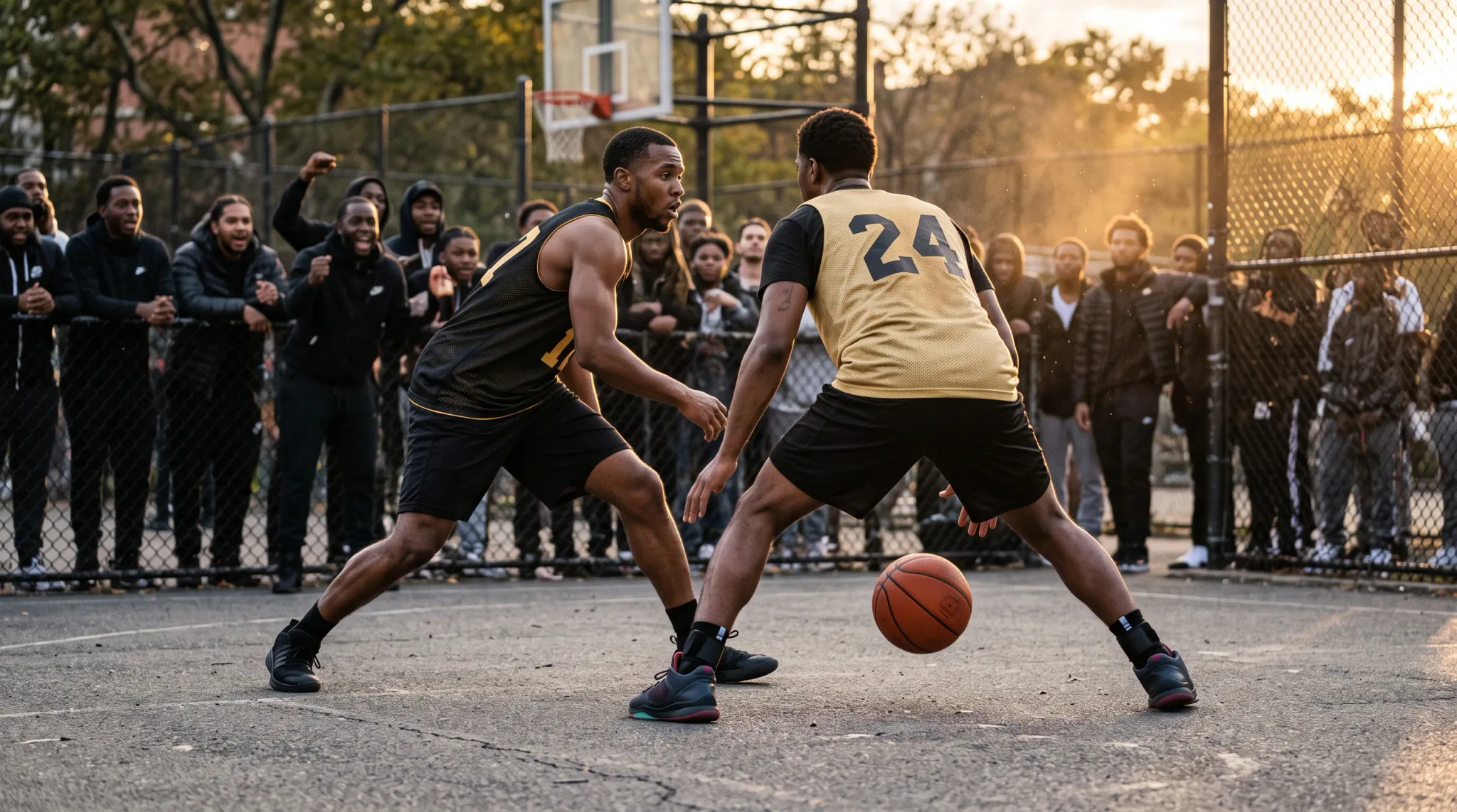 Two athletic young men engage in a high-intensity one-on-one basketball duel on an outdoor asphalt court during late afternoon golden hour. The offensive player, seen from behind wearing a gold mesh number 24 jersey and black shorts, dribbles an orange basketball between his legs in a wide, low crouch. The defensive player, dressed in a black sleeveless jersey and shorts, maintains a balanced, focused defensive stance with bent knees and outstretched hands. A crowd of enthusiastic spectators lines the chain-link fence in the background beneath trees illuminated by warm backlit sunlight.