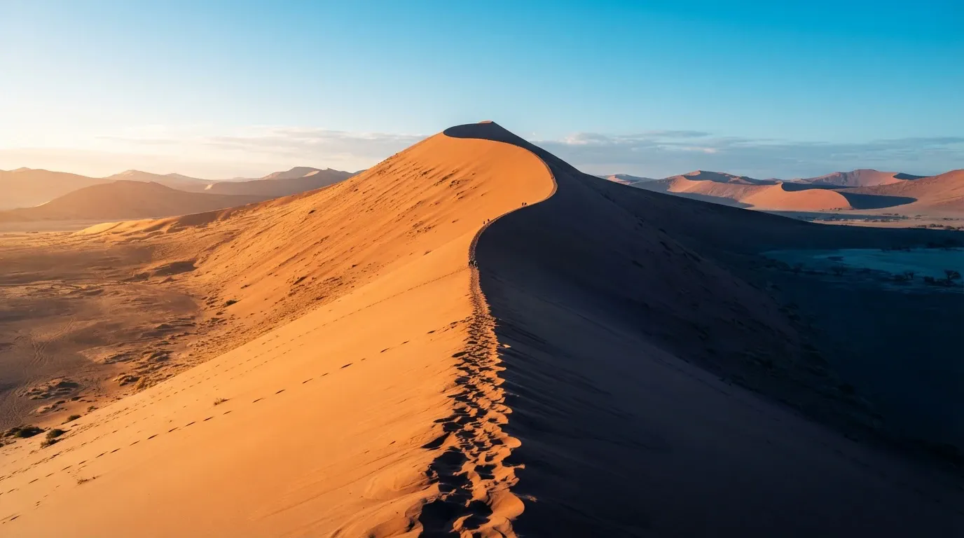 Aerial wide view of a sweeping orange-gold desert dune ridge, with wind-rippled sand, a sharply contrasting deep shadow on the right slope, distant dunes across the horizon, and a clear blue sky.