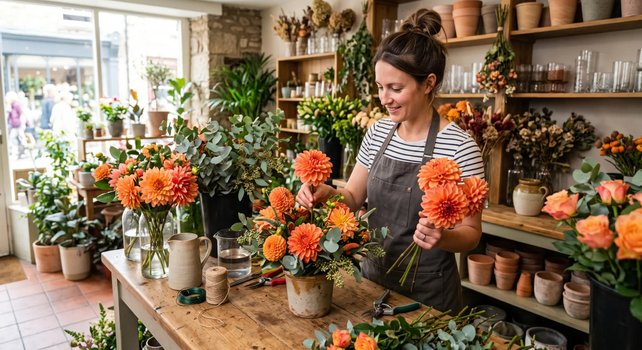 A smiling female florist wearing a striped shirt and dark apron arranges fresh orange dahlias and eucalyptus foliage into a rustic ceramic pot on a wooden workbench inside a flower shop surrounded by potted plants and shelves.