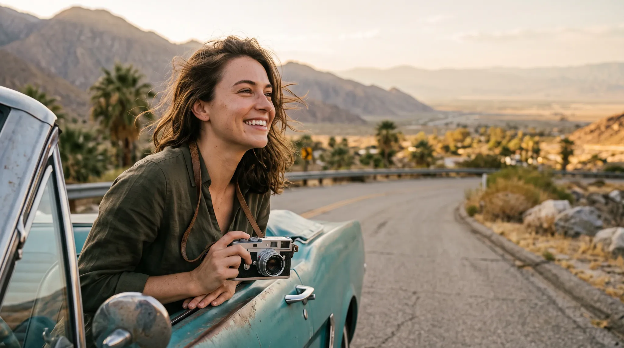 A smiling young woman leans out of a vintage teal convertible car parked or driving along a winding desert road against a rugged mountain landscape, holding a silver and black vintage camera.
