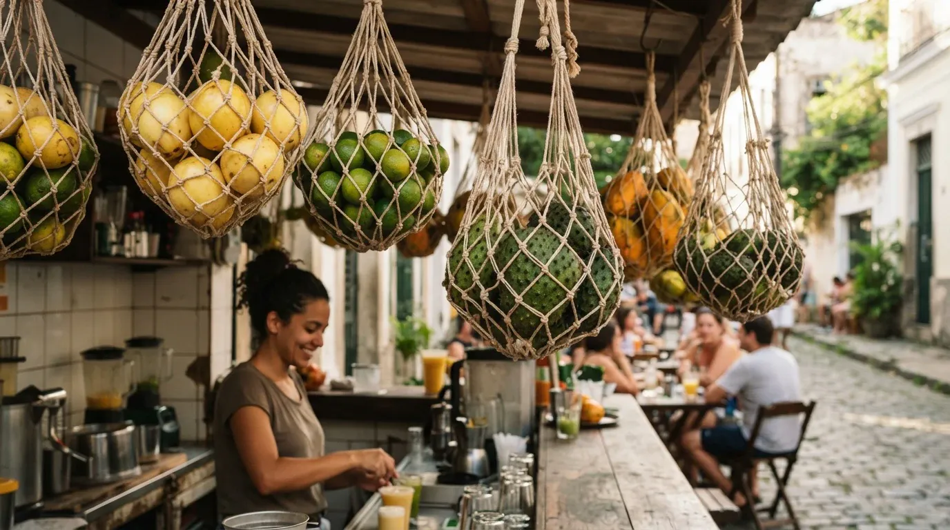 A smiling woman with dark curly hair tied in a high bun prepares drinks behind a rustic wooden counter at an outdoor juice bar. Macrame net bags filled with tropical fruits including soursop, limes, and passion fruits hang from the awning overhead, while customers sit at wooden tables along a sunlit cobblestone street in the background.