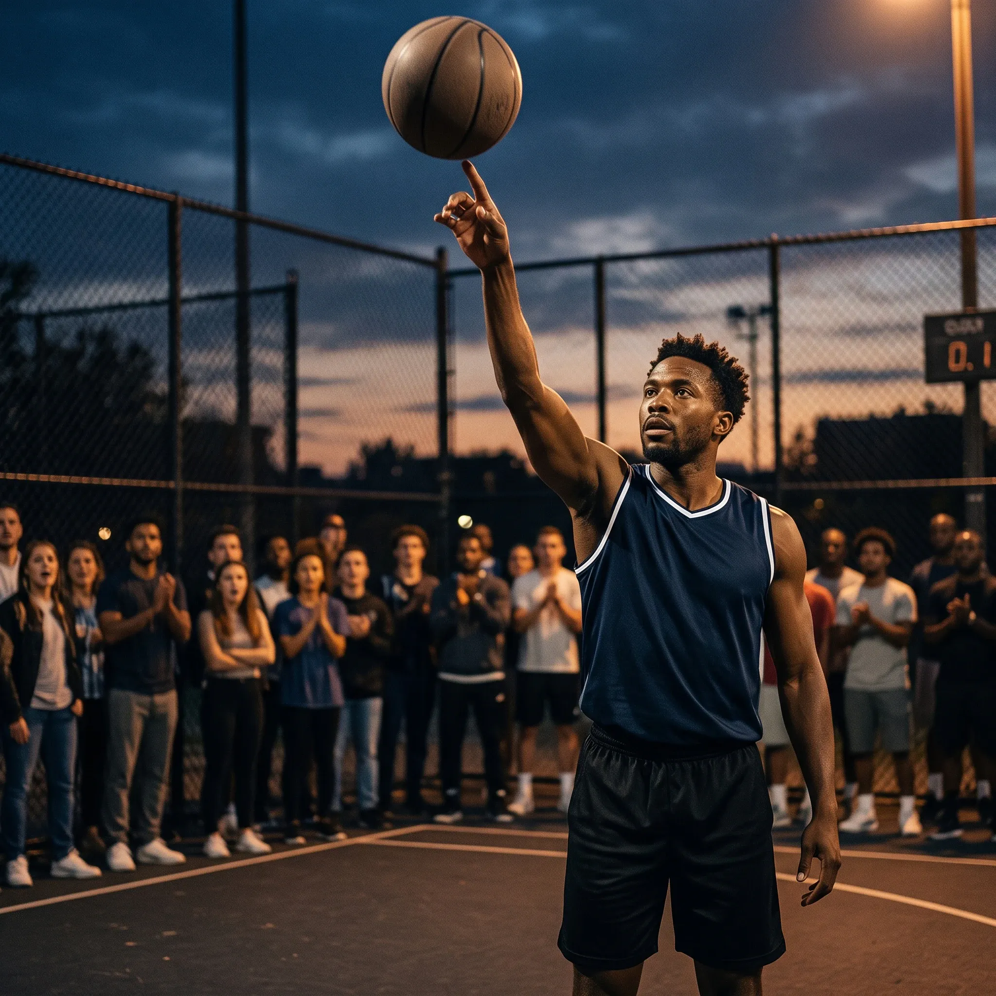 An athletic man stands on an outdoor asphalt basketball court at dusk, balancing a spinning basketball on the tip of his raised right index finger as a crowd of spectators watches from behind the chain-link fence.