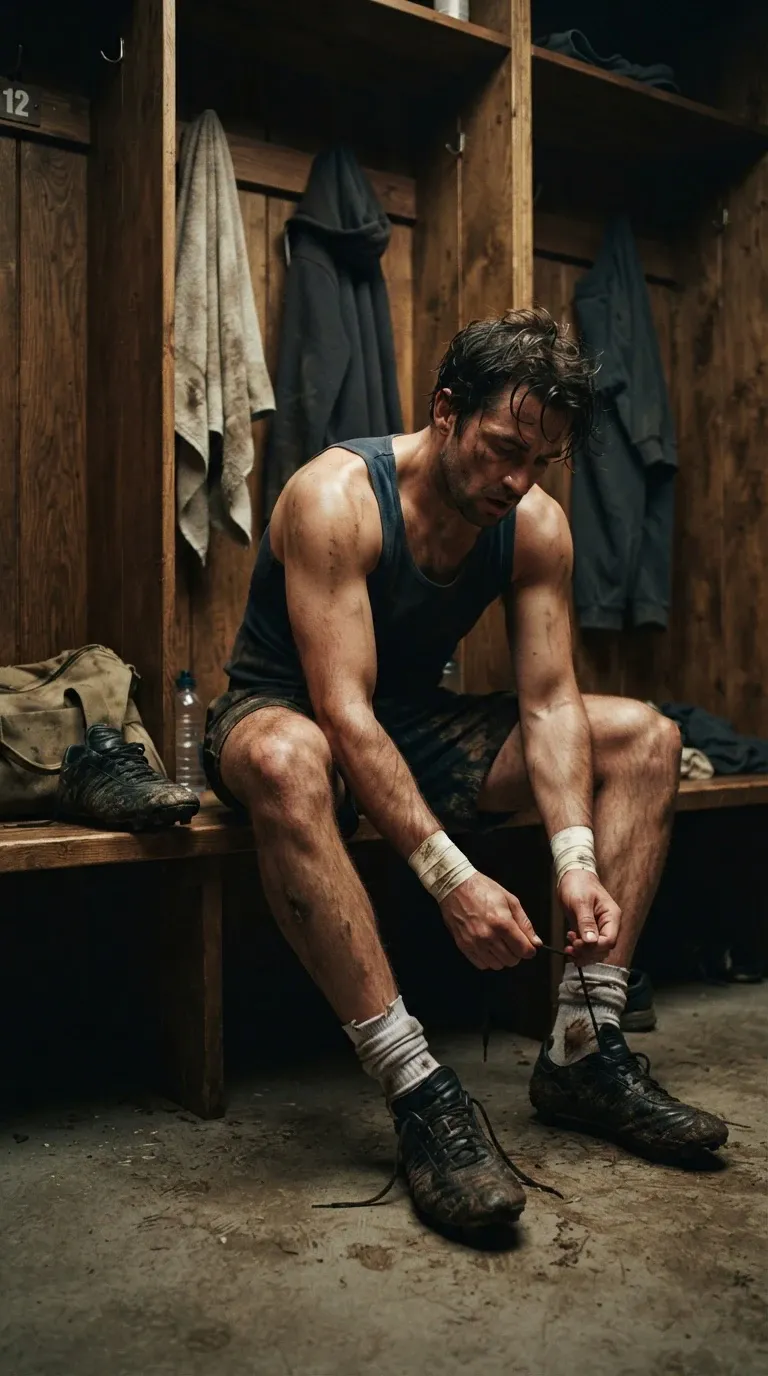 An exhausted, muscular male athlete sits slouched forward on a wooden bench inside an indoor locker room with rustic wooden lockers behind him. Covered in dried mud splatters across his face, arms, legs, socks, and cleats from an intense match, he gazes downward while handling his shoe laces. He wears a dark navy tank top, black athletic shorts, muddy socks, black athletic cleats, and white athletic tape wrapped around both wrists.