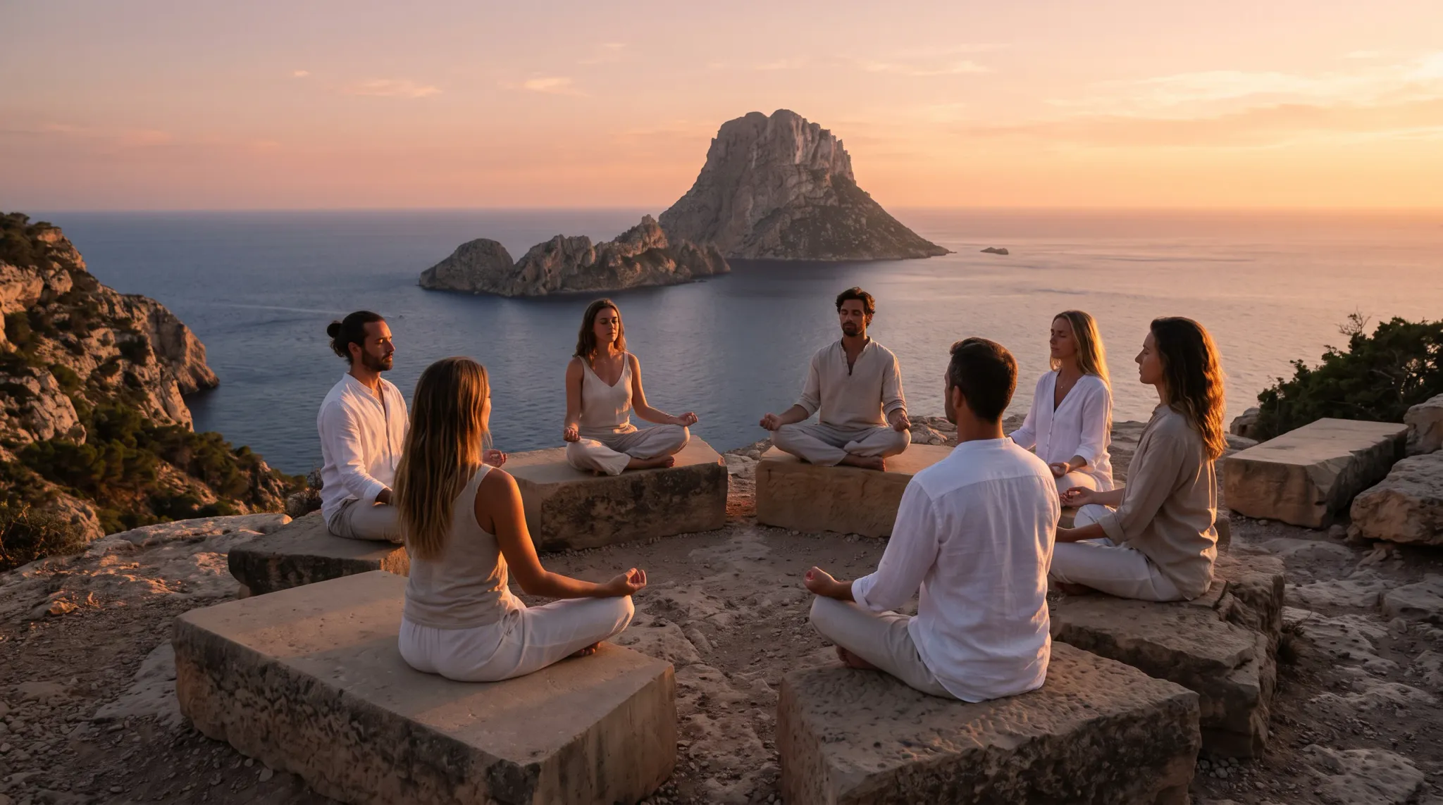 Seven people sit in a peaceful outdoor meditation circle atop a rocky coastal cliff at golden hour sunset, facing inward with legs crossed and eyes closed while overlooking a calm sea and a prominent offshore rocky island.