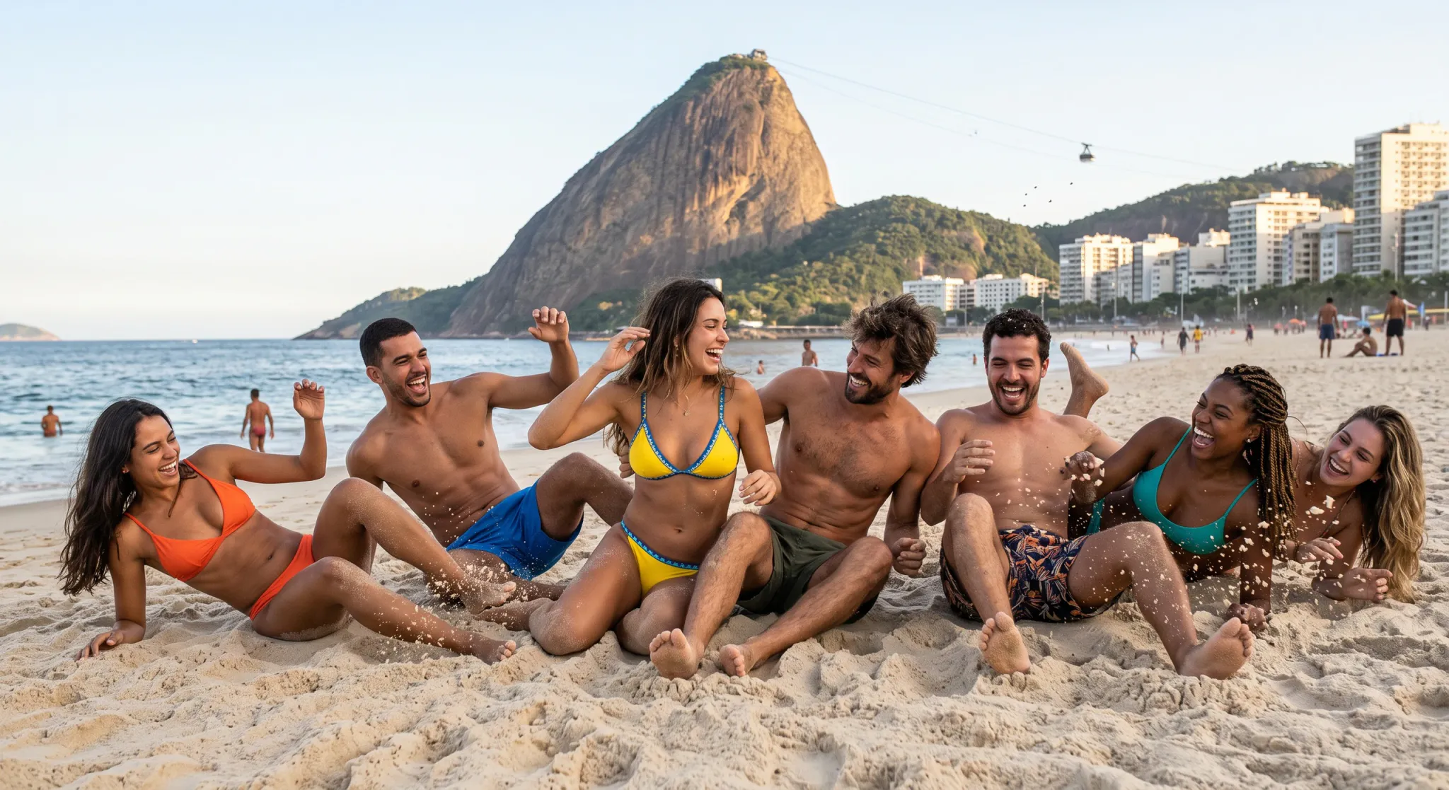 Six young adults — four women and two men — sit and recline on a sandy beach, laughing and playing together in the afternoon sun. Sand is being kicked and tossed between them. The women wear bikinis in orange, yellow, and teal; the men wear board shorts in blue and dark olive/floral patterns. In the background, a dramatic rounded rocky mountain rises above the coastline, with a cable car line visible, dense greenery on surrounding hills, and high-rise apartment buildings along the waterfront. Several background beachgoers are visible along the shoreline. The mood is joyful and energetic.