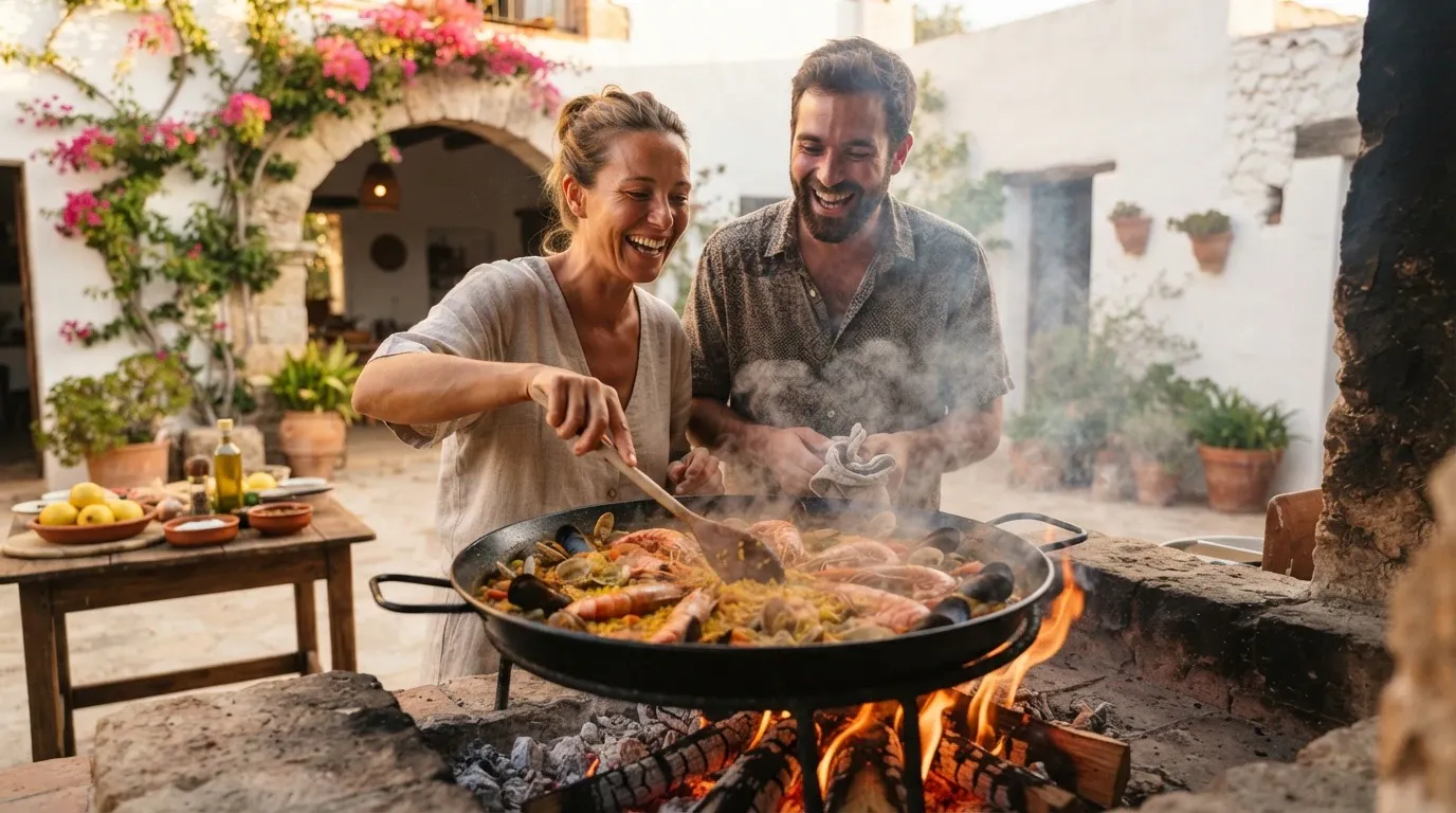 A cheerful man and woman enjoy cooking traditional seafood paella together outdoors over an open wood-fired hearth. The woman stirs the steaming pan filled with yellow rice, large prawns, mussels, and clams using a wooden spoon while laughing. Beside her, a man with a short beard holds a tea towel and smiles enthusiastically at the dish. The scene is set in a sunny, rustic Mediterranean patio featuring whitewashed walls, stone arches, potted terracotta plants, and vibrant pink bougainvillea.