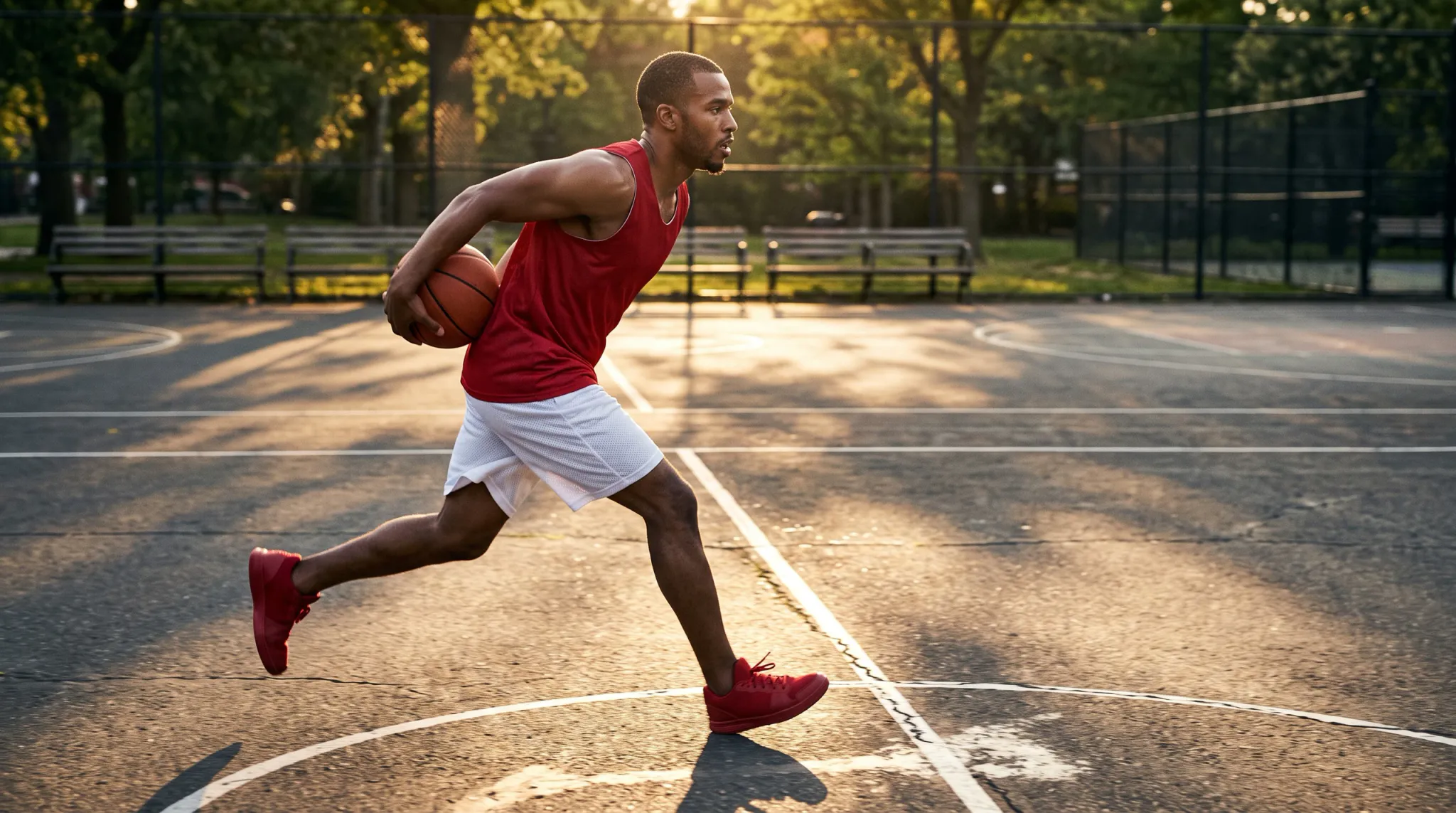 A focused male basketball player wearing a red athletic tank top, white mesh shorts, and red sneakers sprints across an outdoor basketball court while holding a basketball, backlit by warm golden hour sunlight.