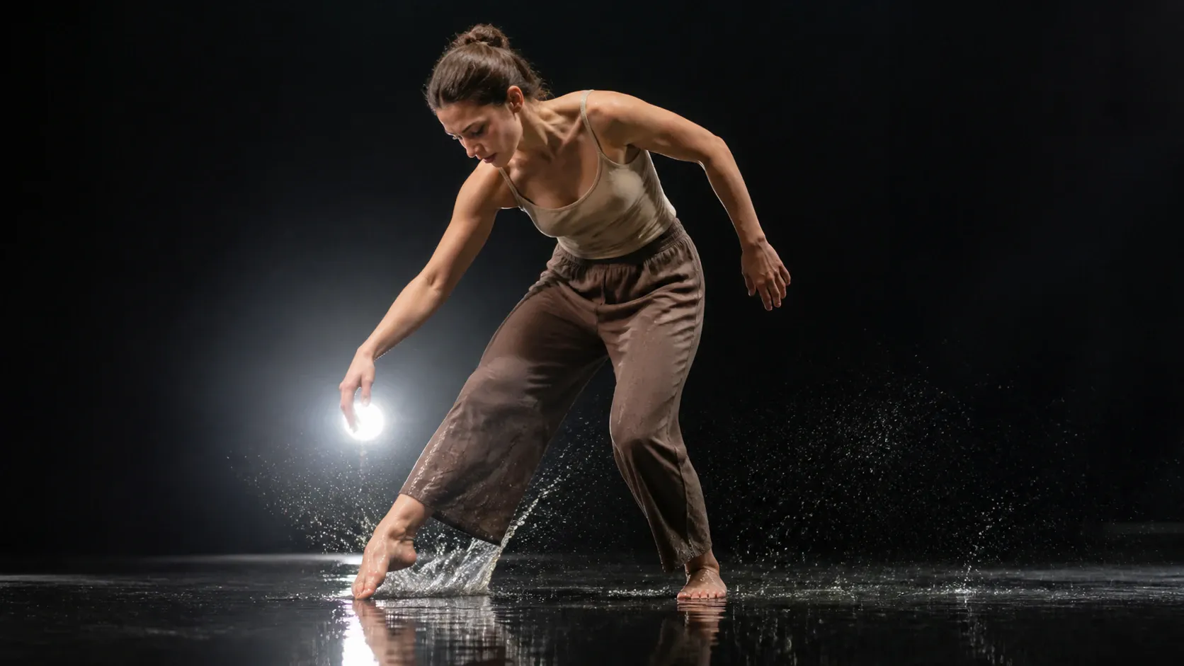 A contemporary female dancer in a beige tank top and brown loose trousers dances barefoot across a shallow pool of water on a stage, kicking up splashes of water droplets under dramatic backlighting against a black backdrop.