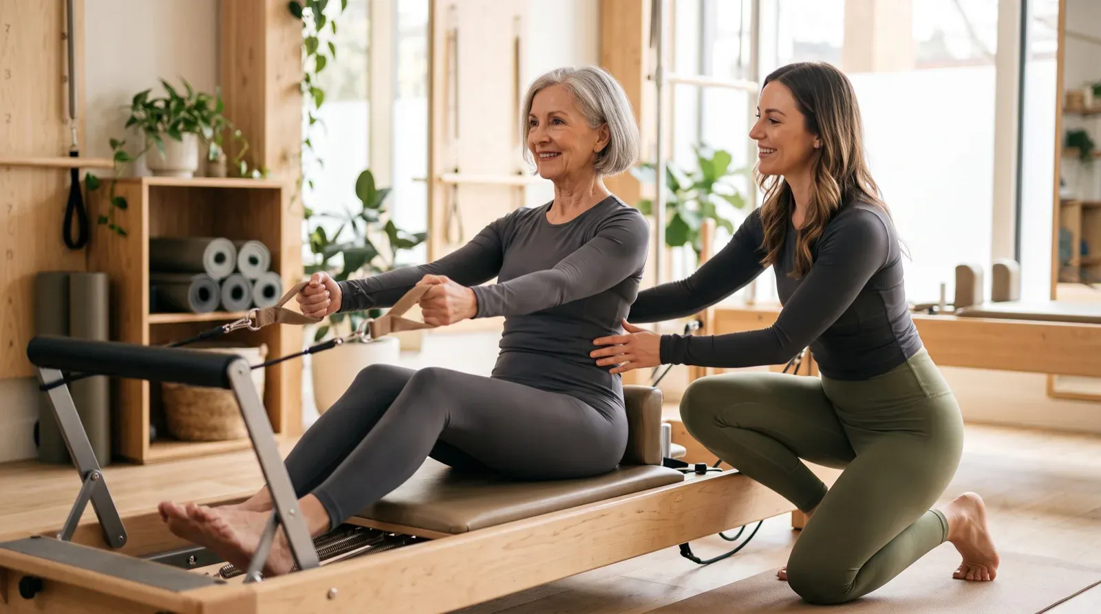 An older adult woman with chin-length grey hair exercises on a wooden Pilates reformer carriage, pulling strap handles while sitting upright as a smiling female instructor kneels beside her and places a guiding hand on her torso in a bright indoor studio.