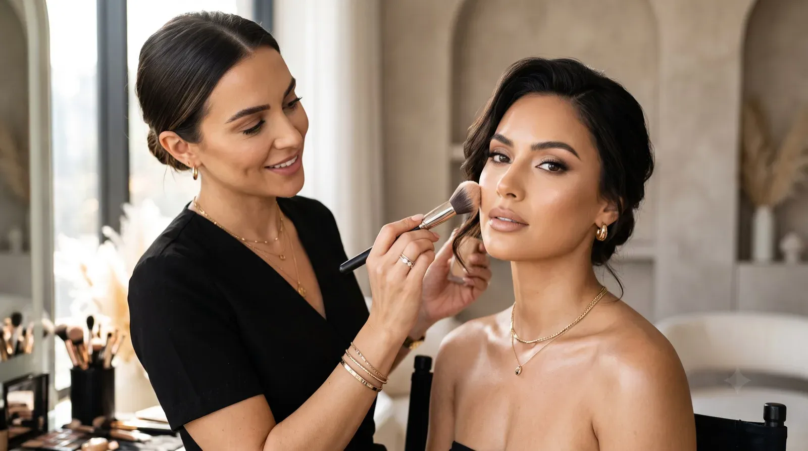 A smiling female makeup artist in a black top applies powder or blush to the cheek of an elegant female client using a soft makeup brush in a warm, modern beauty salon with soft natural lighting.