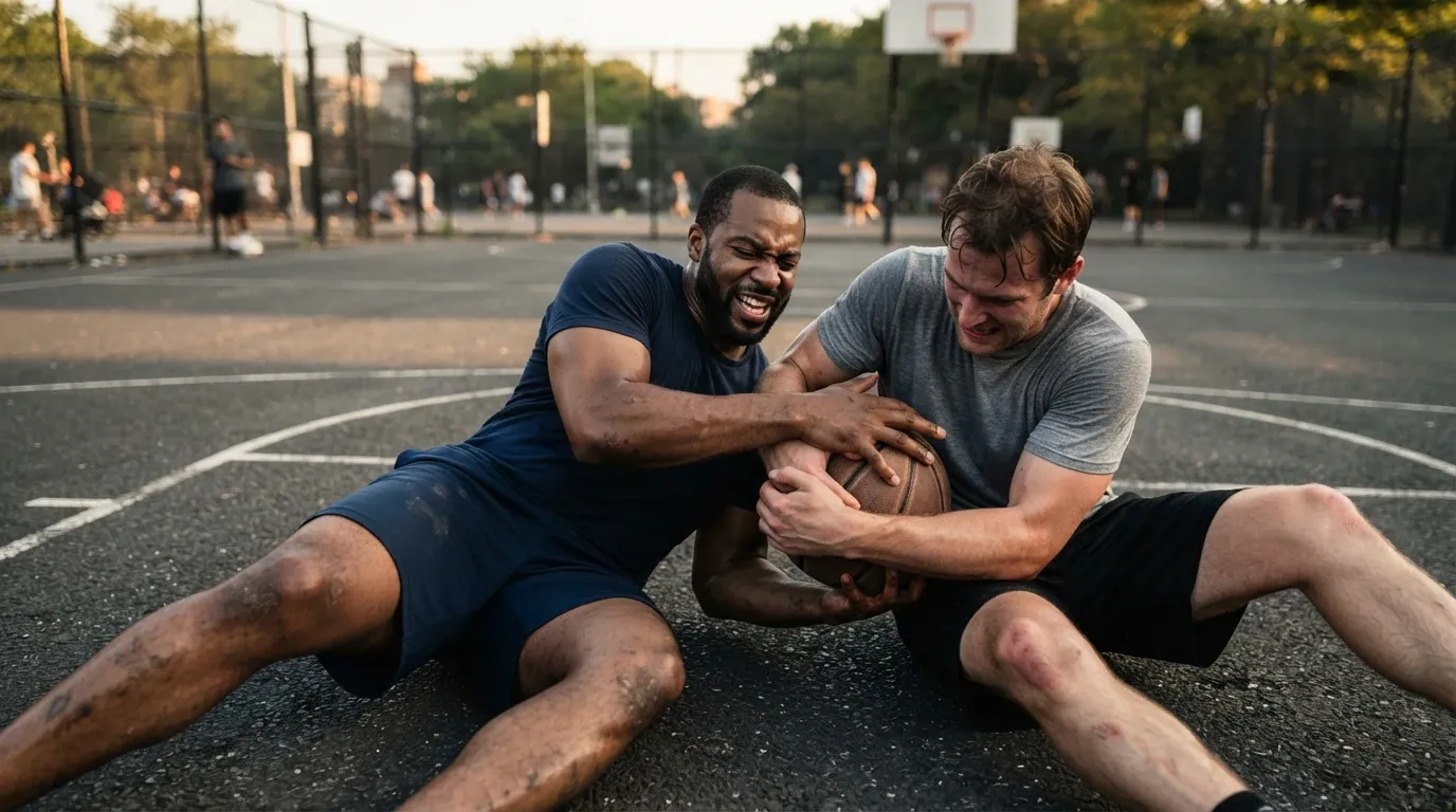 Two athletic adult men intensely battle for possession of a brown basketball on the asphalt surface of an outdoor city park court. Both players are seated or reclining on the ground, gripping the ball simultaneously with strained facial expressions and scraped legs from physical play. In the background, chain-link fencing, a basketball hoop, and other park visitors are softly blurred under warm daylight.