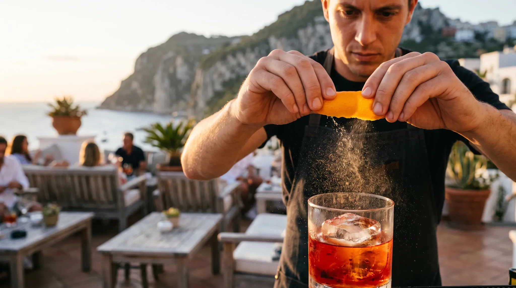 A man in a black T-shirt and black apron prepares an orange-red iced drink, holding and squeezing a bright orange peel above a clear glass. The scene is an outdoor dining terrace at sunset, with blurred diners, potted plants, calm sea, and dramatic seaside cliffs in the background.