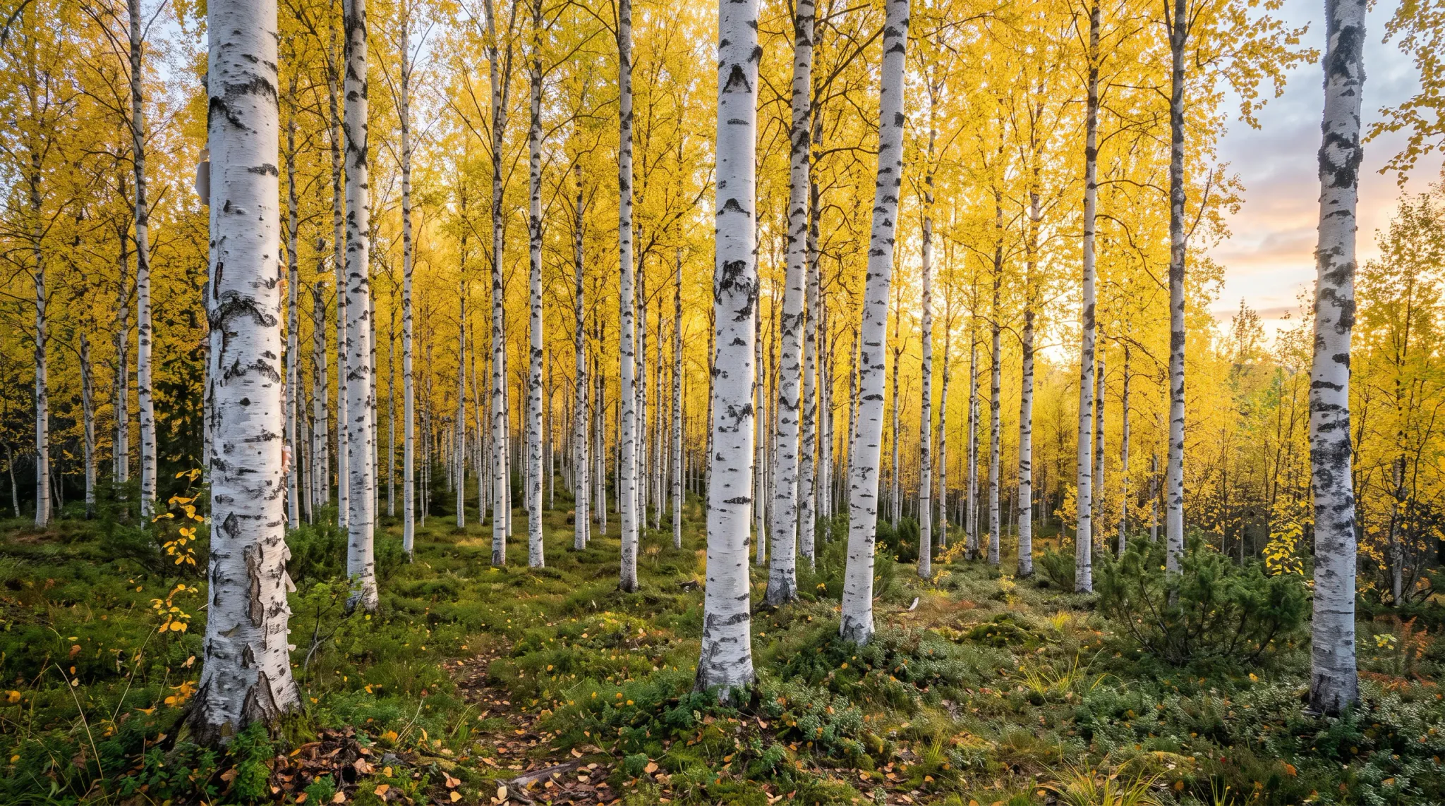 A wide-angle landscape photograph capturing a dense grove of white birch trees during autumn. The canopy glows with vibrant golden-yellow leaves, contrasted against the slender white trunks marked with characteristic dark bark patterns. The forest floor is covered with lush green moss, low understory vegetation, and scattered fallen yellow leaves, illuminated by soft natural light.