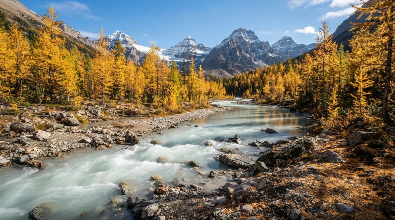 A wide landscape view of a rushing glacial stream flowing over rocks in an alpine valley during autumn. Golden-yellow larch trees line the banks of the gravel riverbed, with majestic snow-dusted rocky mountain peaks rising beneath a blue sky in the background.