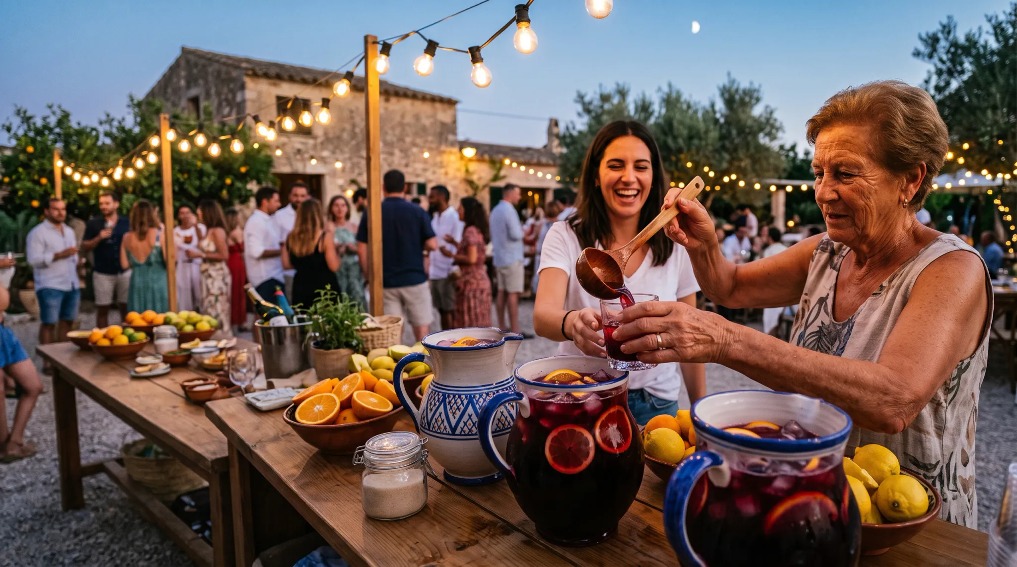 At an outdoor evening gathering in a rustic courtyard illuminated by overhead string lights, an older woman ladles fresh iced red sangria into a drinking glass held by a cheerful, laughing younger woman. On the wooden counter stand several pitchers of sangria with citrus slices, alongside bowls of oranges and lemons, while a group of guests mingles in the background before a stone building under the twilight sky.