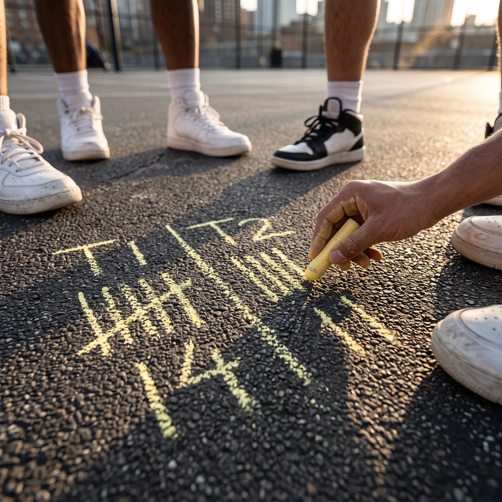 A low-angle close-up captures a player's hand writing game scores and tally marks labeled 'T1 | T2' onto an asphalt court using yellow chalk during an outdoor pickup basketball session. Several players wearing athletic sneakers and white crew socks stand in a circle around the markings under warm late afternoon sunlight.