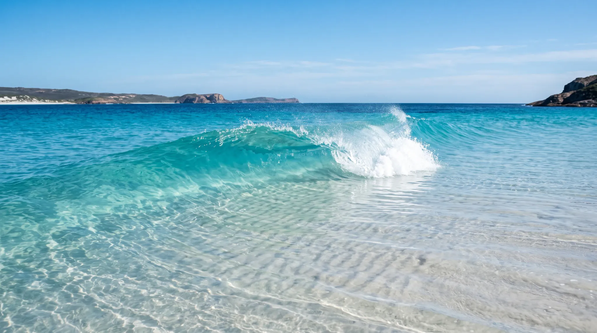 A crystal-clear turquoise wave curls and breaks over shallow water, revealing delicate sand ripples on the seabed below. White sea foam and spray burst from the breaking crest under a bright blue sunny sky, with distant coastal headlands visible along the level horizon.